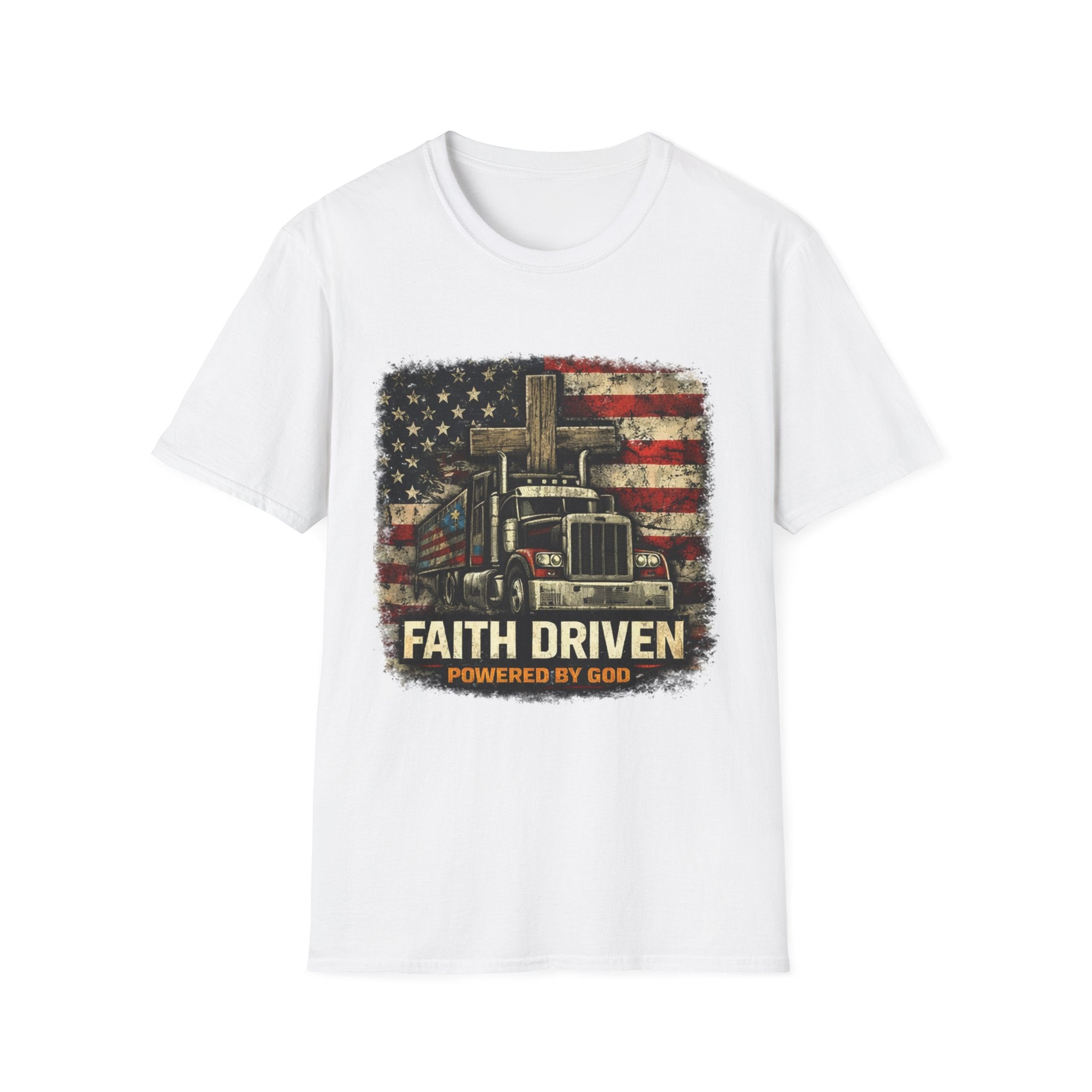 Faith Driven Trucker T-Shirt — "Powered by God" American Flag Design