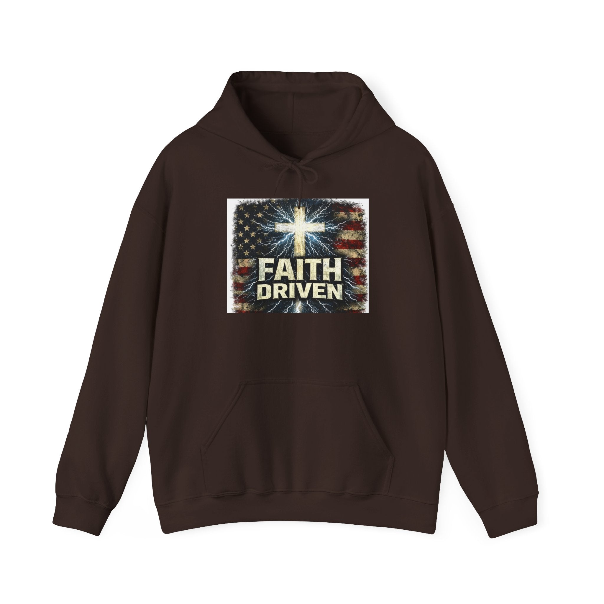 Faith Driven Hoodie — Christian Cross & American Flag Pullover