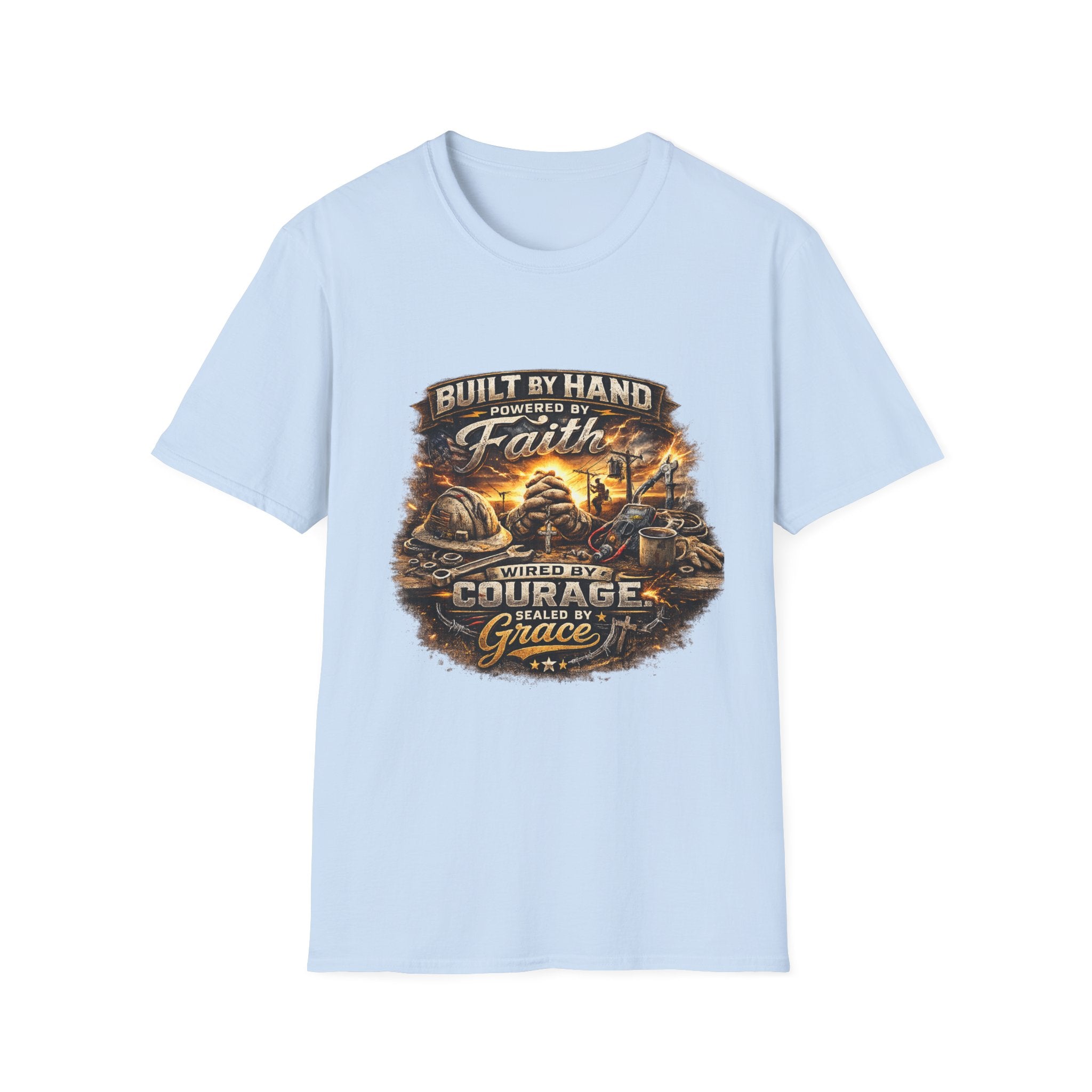 Built by Hand Mechanic T-Shirt – "Built by Hand, Powered by Faith, Home by Courage" Vintage Workshirt