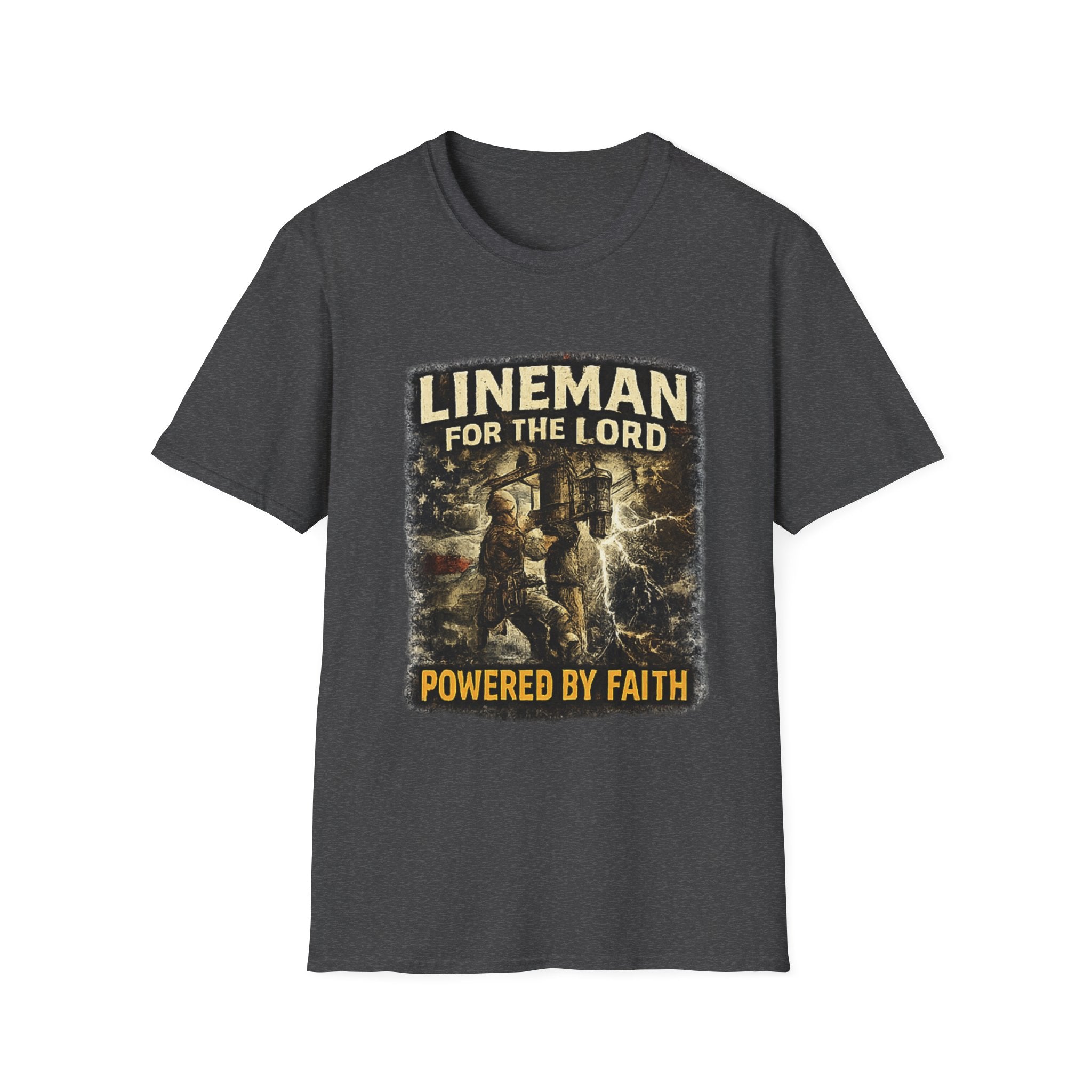 Lineman For The Lord T-Shirt – “Powered By Faith” Christian Lineman Tee