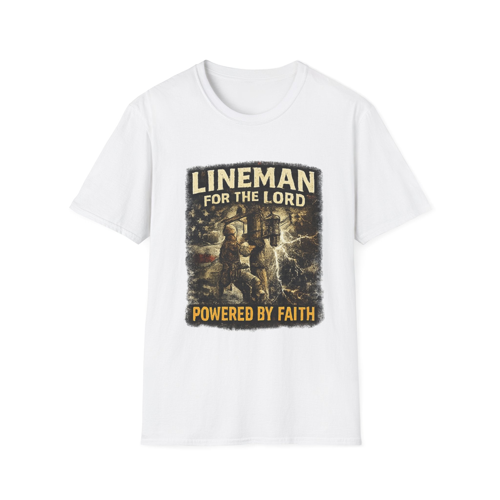 Lineman For The Lord T-Shirt – “Powered By Faith” Christian Lineman Tee