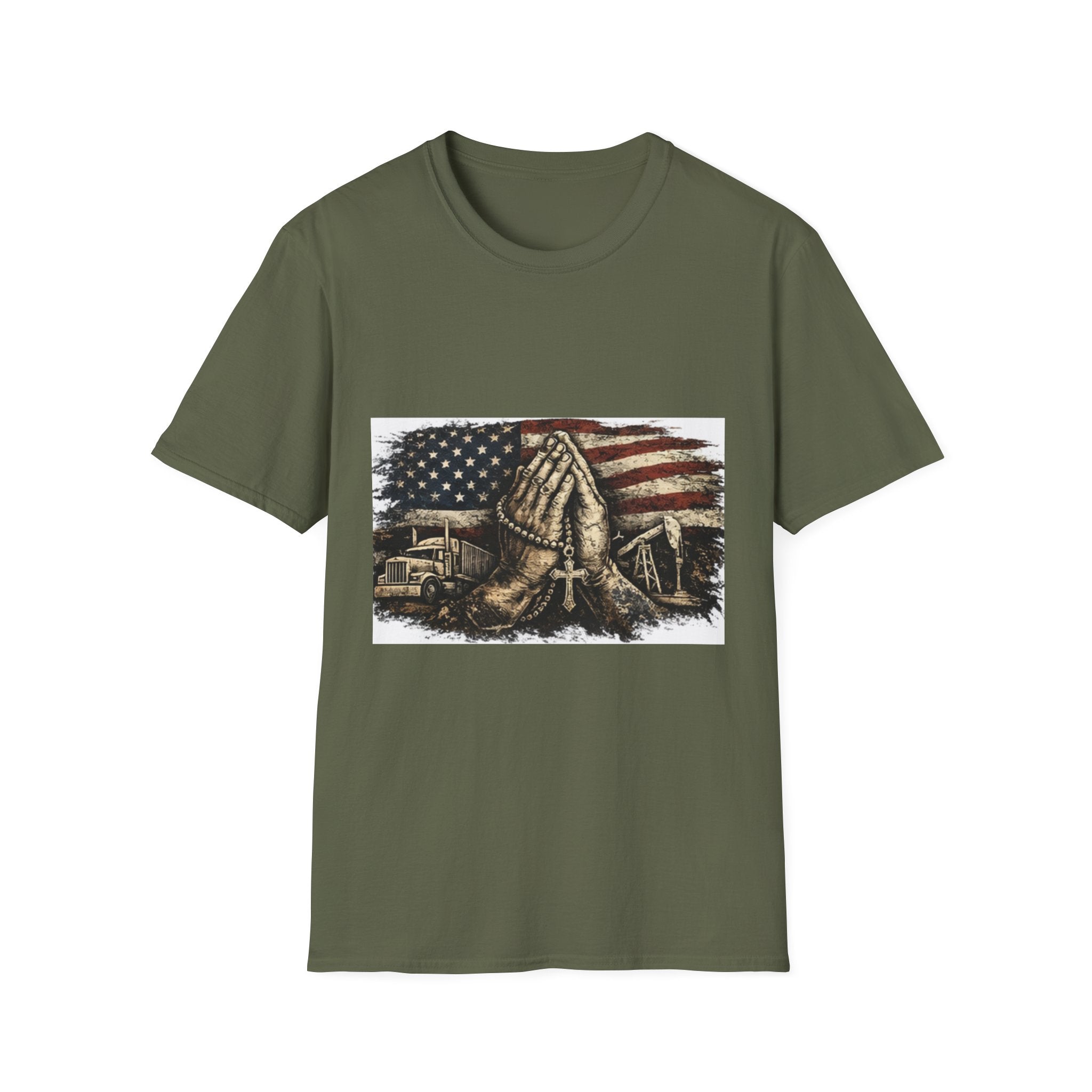 Patriotic Praying Hands T-Shirt — American Flag Faith Tee for Veterans & Church