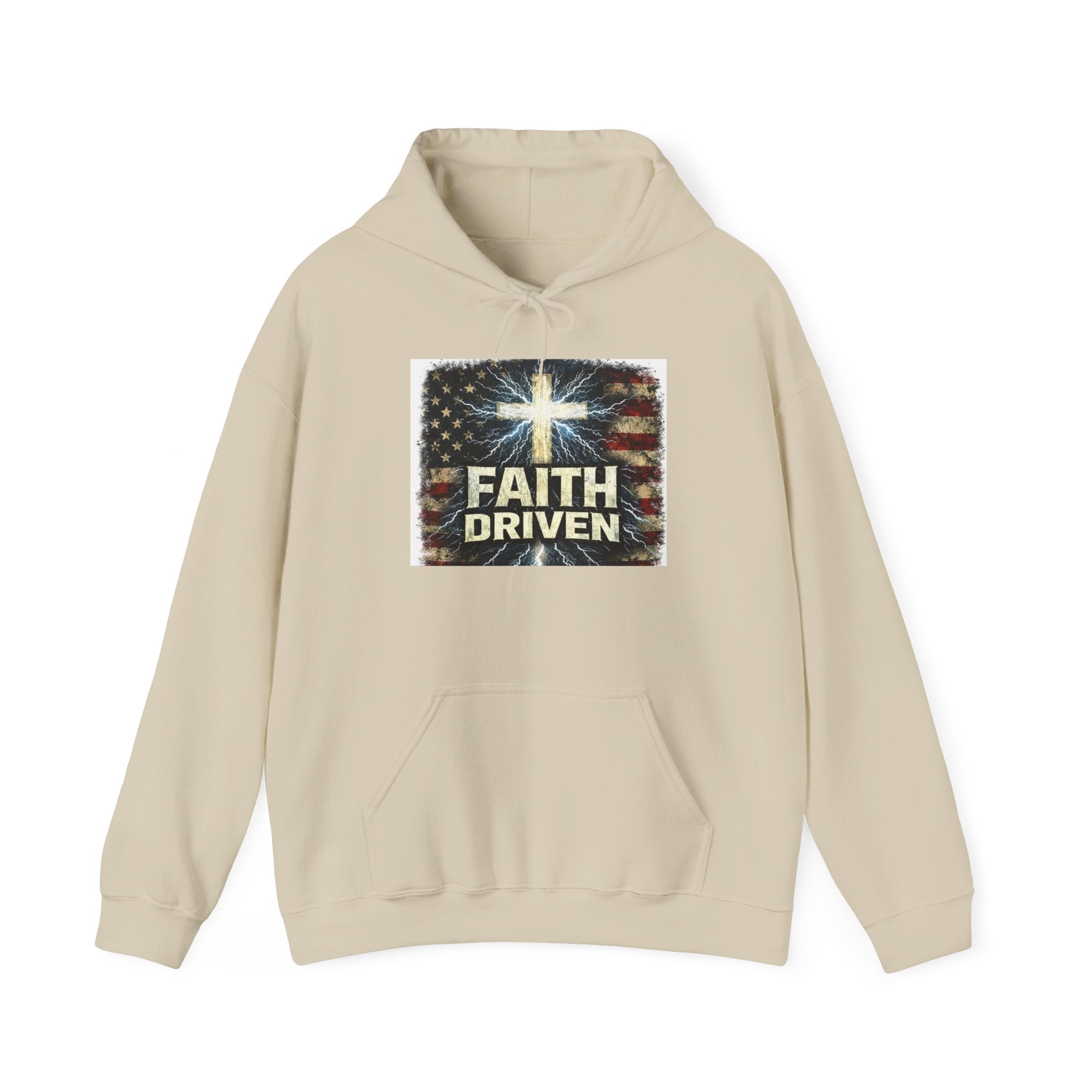 Faith Driven Hoodie — Christian Cross & American Flag Pullover