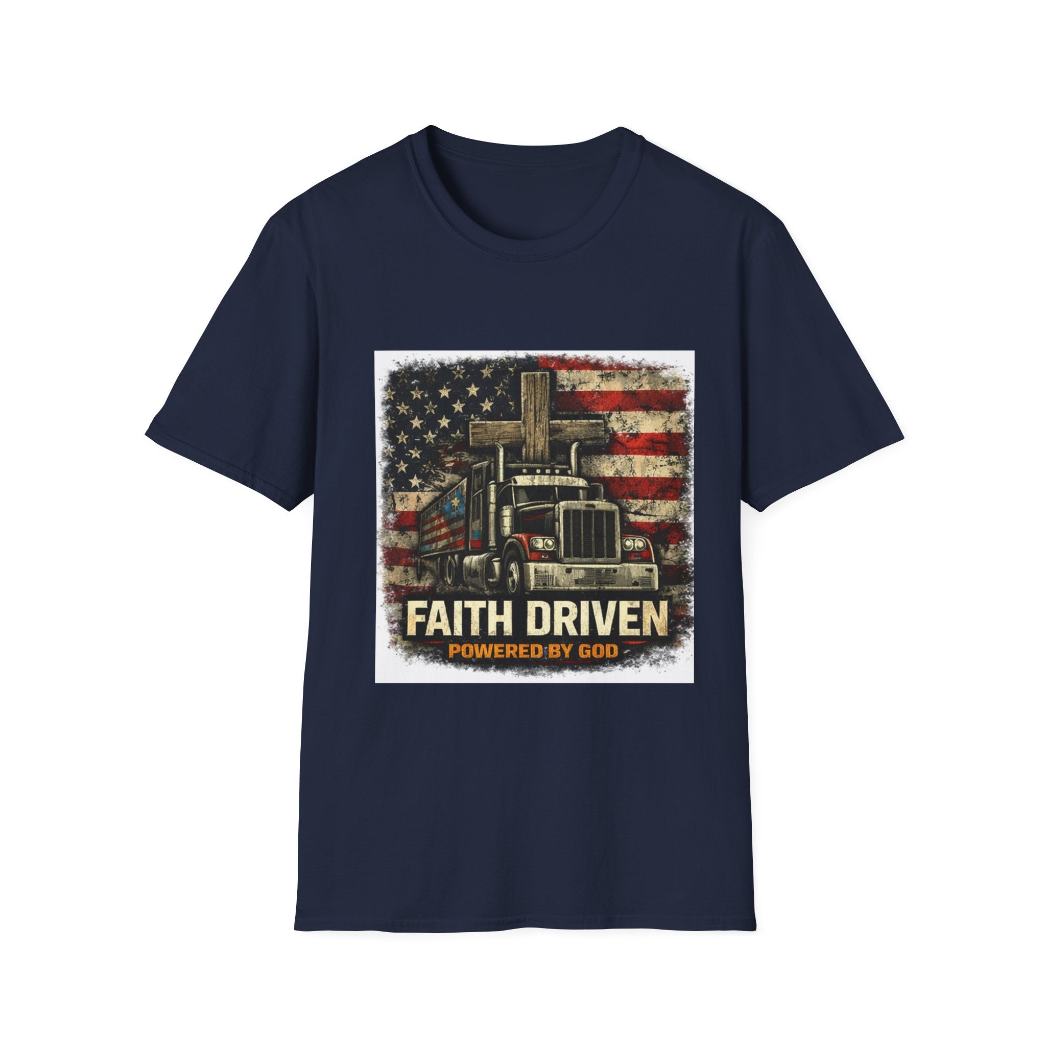 Faith Driven Trucker T-Shirt — American Flag Cross Design