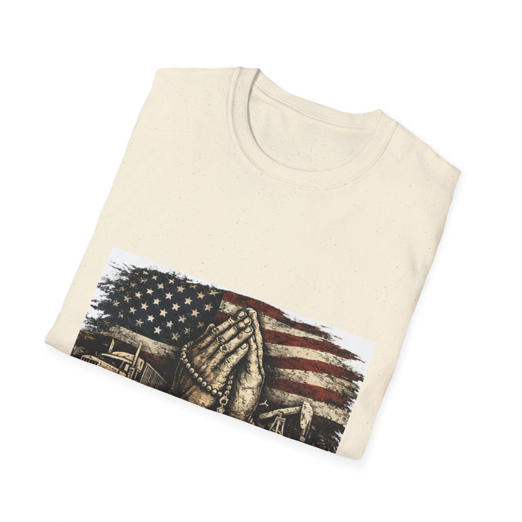 Patriotic Praying Hands T-Shirt — American Flag Faith Tee for Veterans & Church
