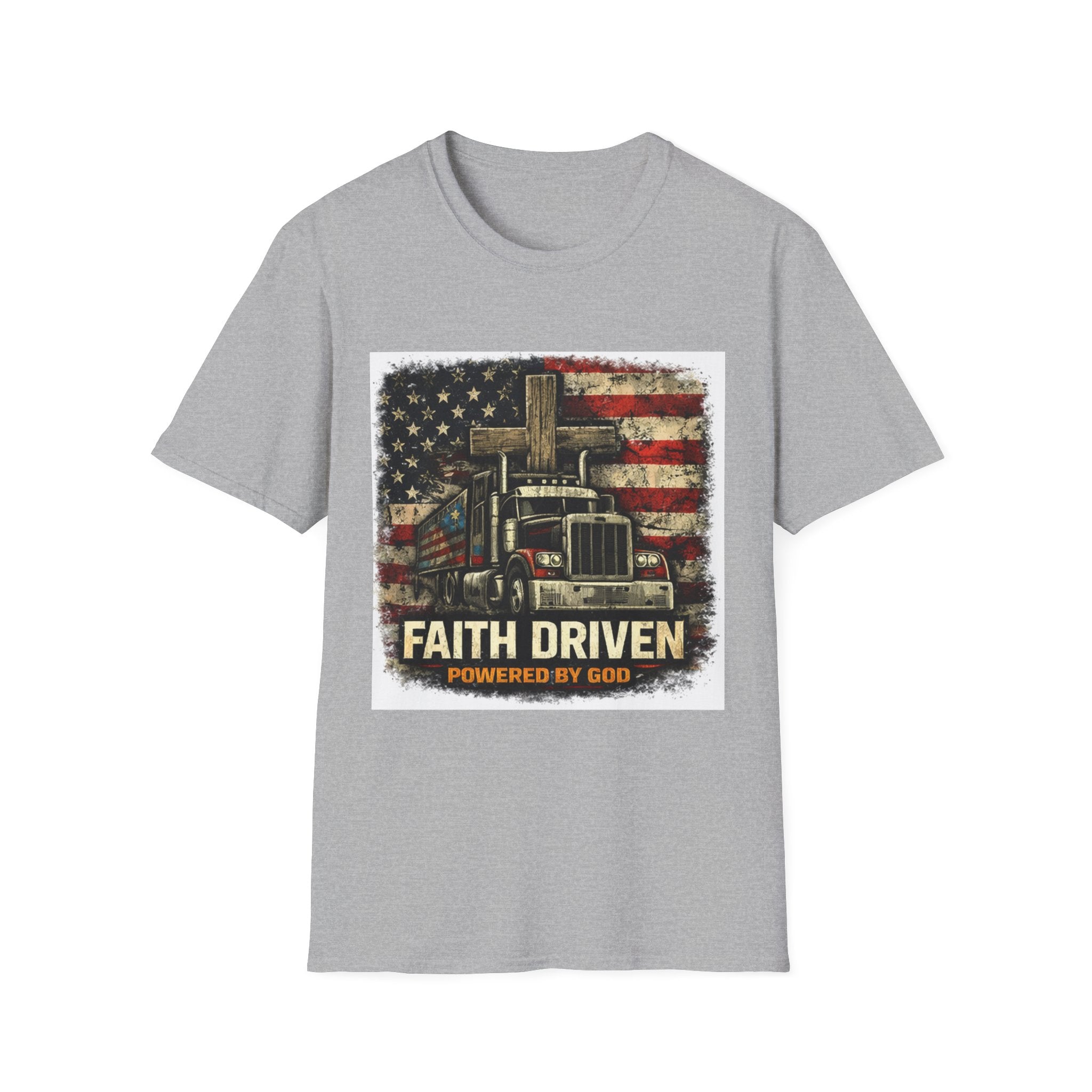 Faith Driven Trucker T-Shirt — "Powered by God" American Flag Design