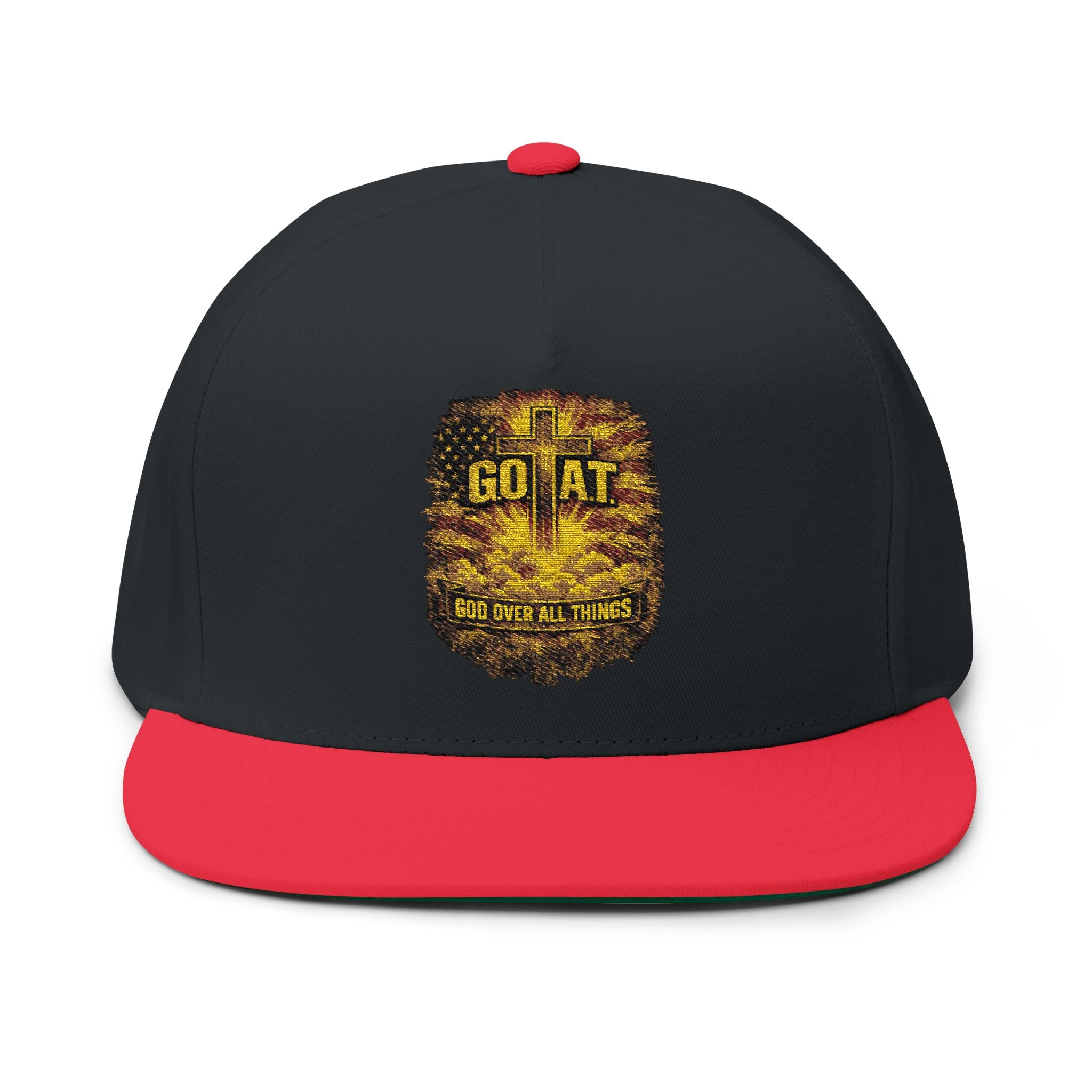 GOAT Embroidered Flat Bill Cap — Vintage Gold Trophy Patch Snapback