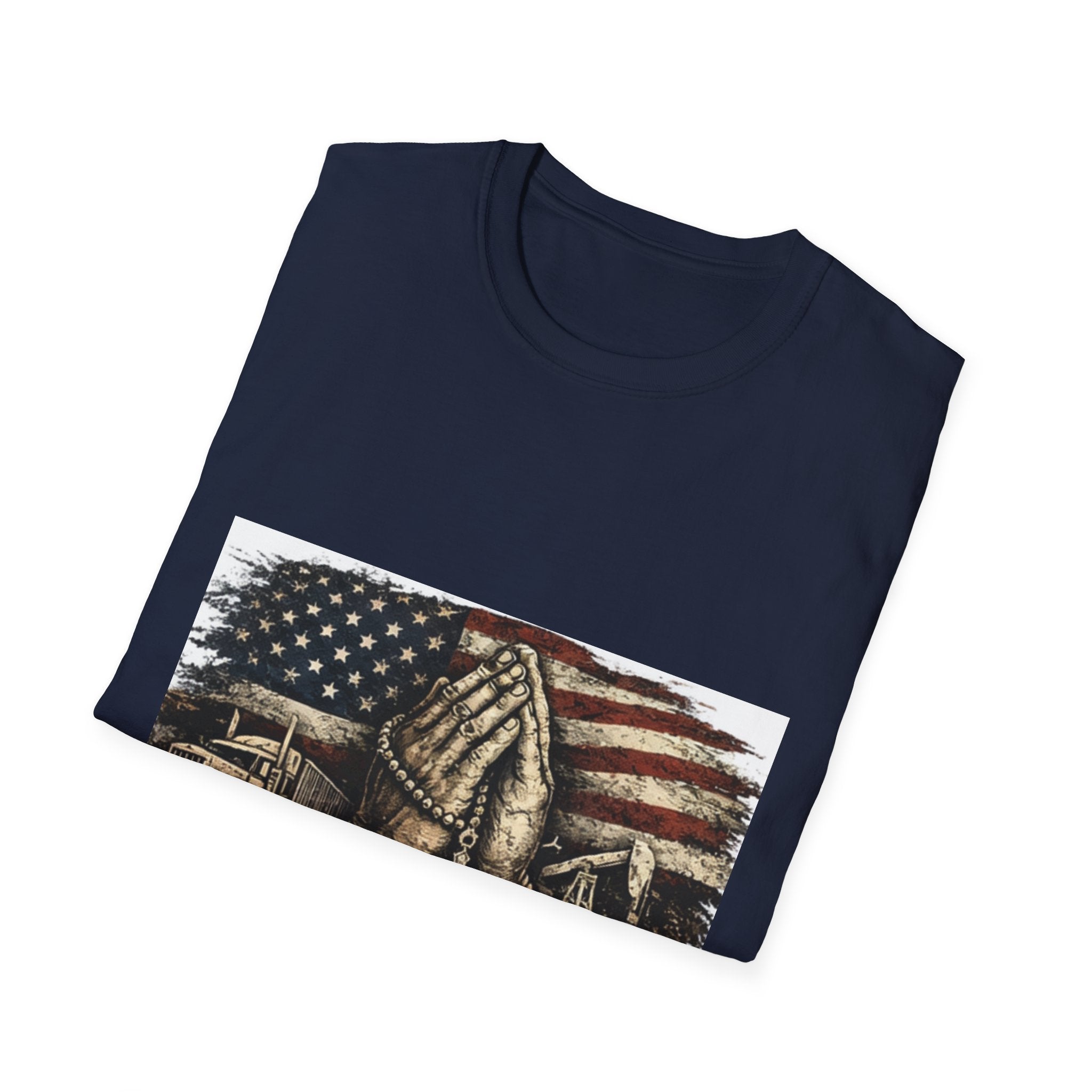 Patriotic Praying Hands T-Shirt — American Flag Faith Tee for Veterans & Church