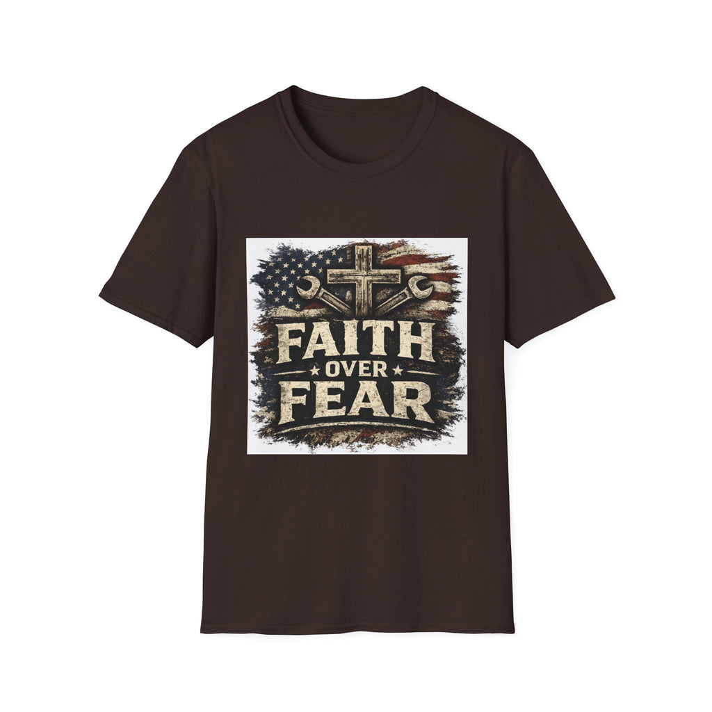 Faith Over Fear T-Shirt — Christian Cross & American Flag Graphic