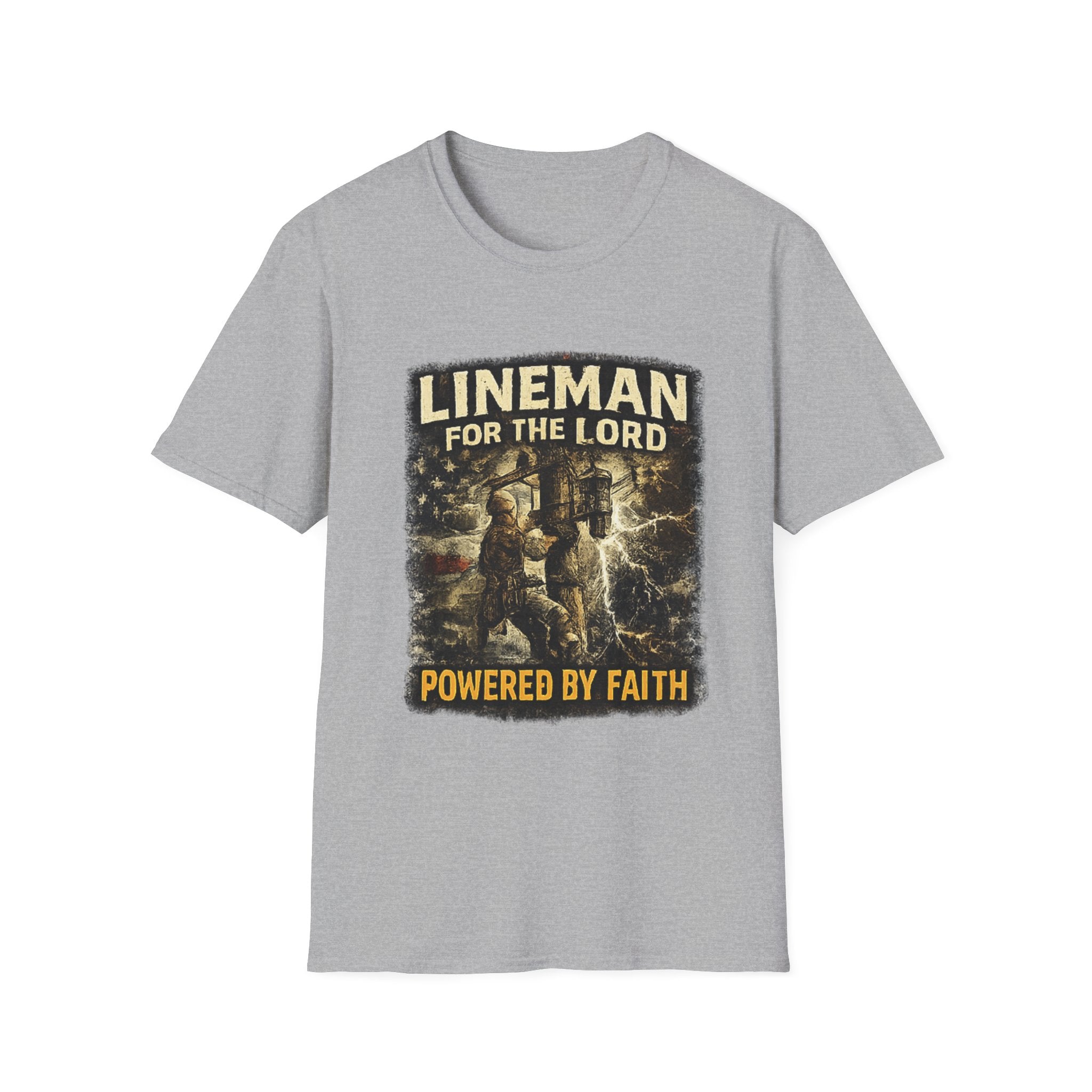 Lineman For The Lord T-Shirt – “Powered By Faith” Christian Lineman Tee