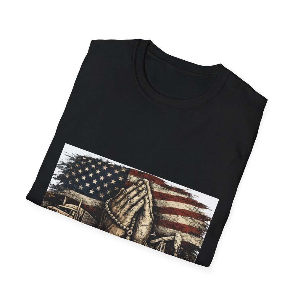 Patriotic Praying Hands T-Shirt — American Flag Faith Tee for Veterans & Church
