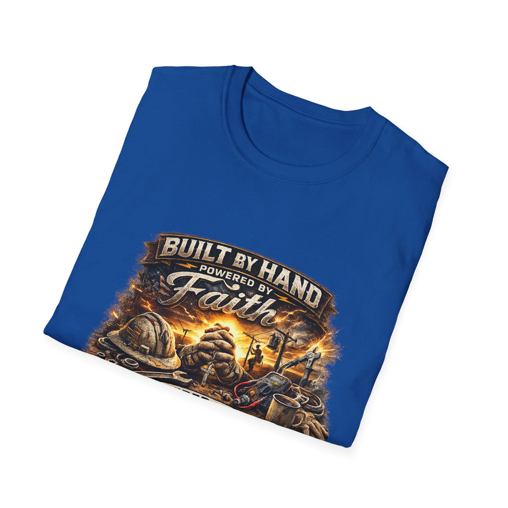 Built by Hand Mechanic T-Shirt – "Built by Hand, Powered by Faith, Home by Courage" Vintage Workshirt