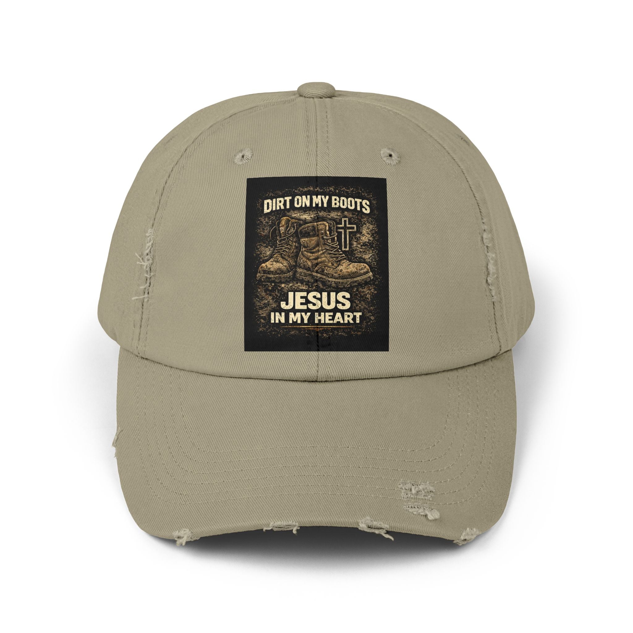 Distressed Baseball Cap — "Dirt on My Boots, Jesus in My Heart" Christian Hat