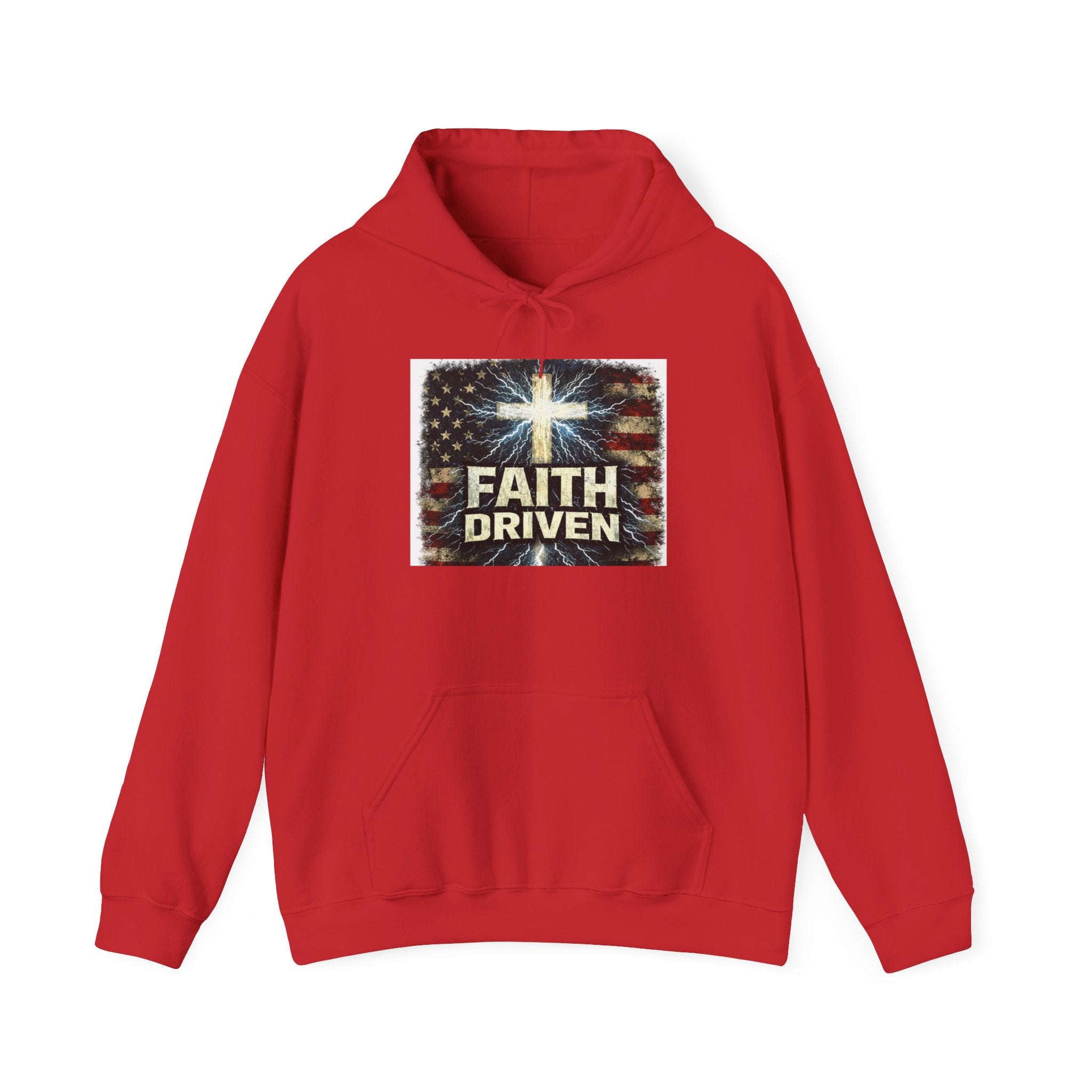 Faith Driven Hoodie — Christian Cross & American Flag Pullover