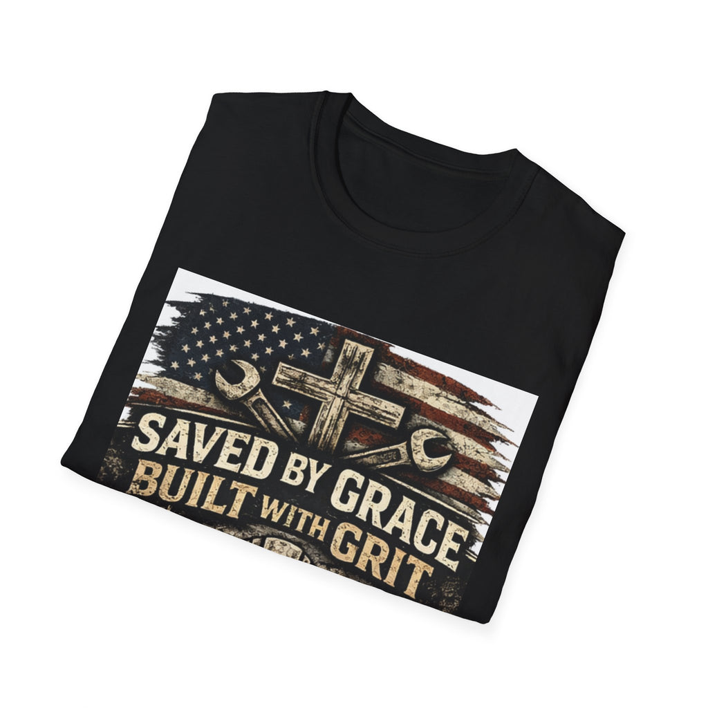 Saved by Grace Built with Grit T-Shirt — Christian Construction Worker Tee