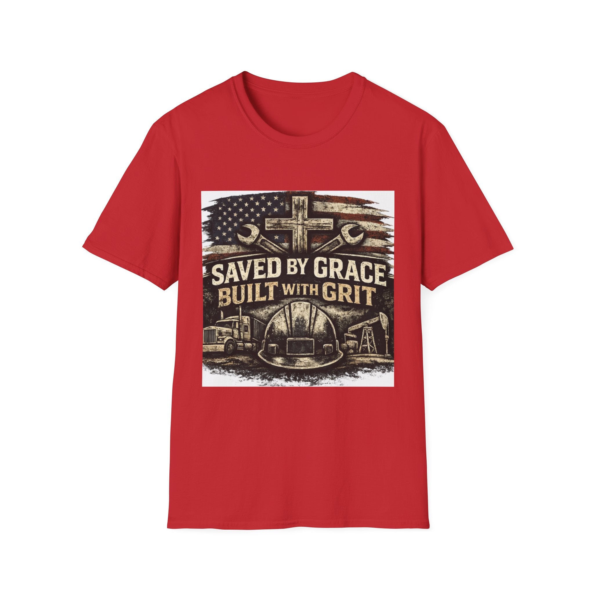 Saved by Grace Built with Grit T-Shirt — Christian Construction Worker Tee