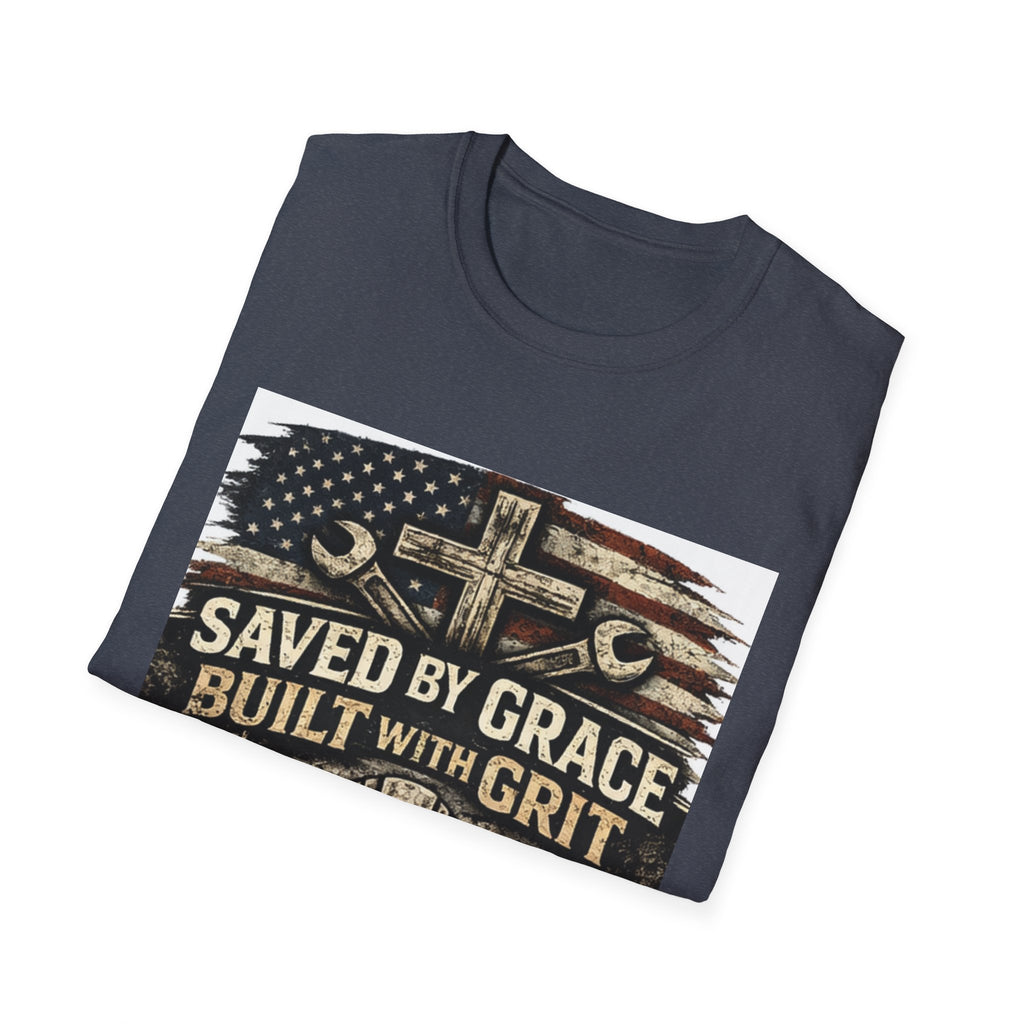 Saved by Grace Built with Grit T-Shirt — Christian Construction Worker Tee