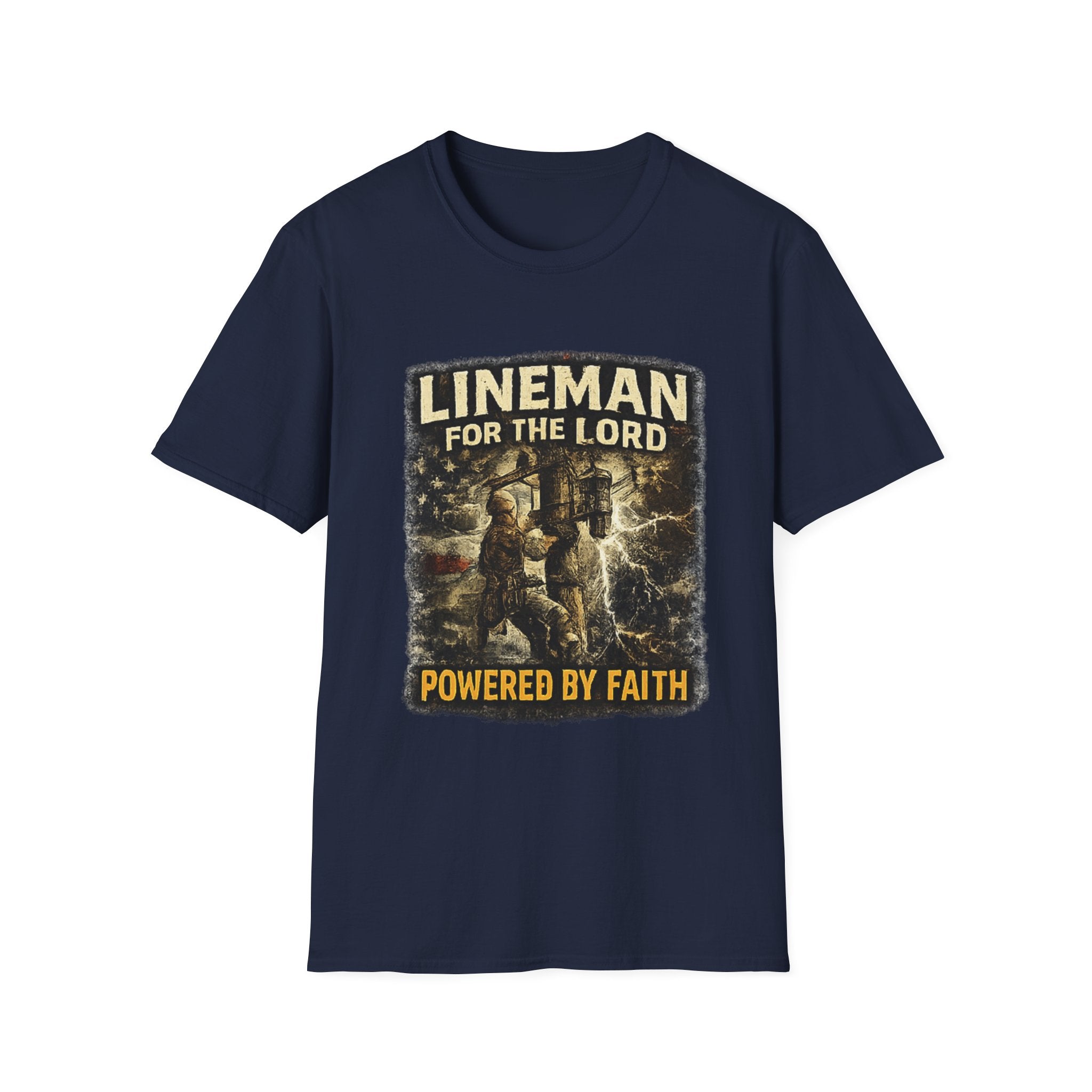 Lineman For The Lord T-Shirt – “Powered By Faith” Christian Lineman Tee