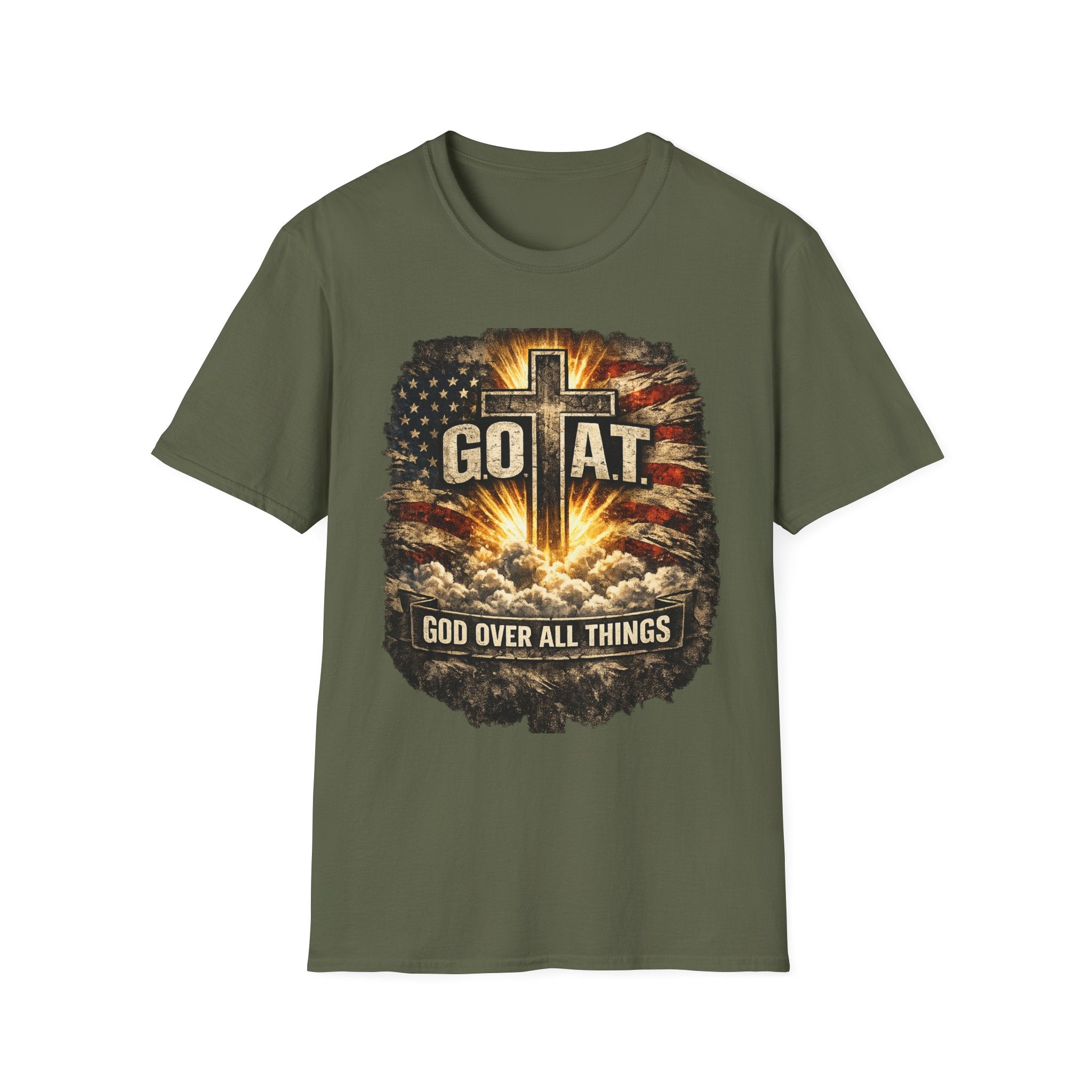 Christian T-Shirt — GOAT (God Over All Things) Cross Graphic