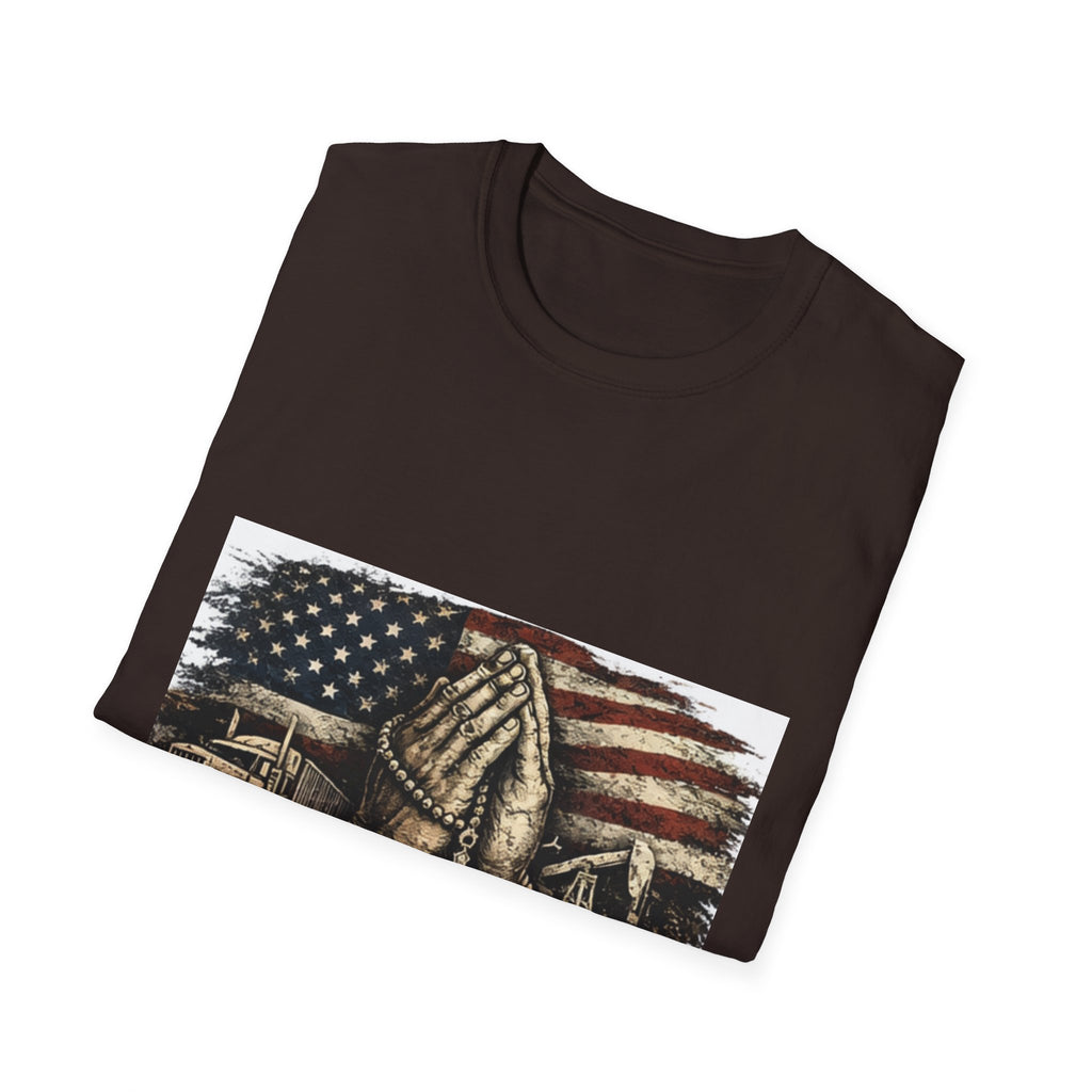 Patriotic Praying Hands T-Shirt — American Flag Faith Tee for Veterans & Church