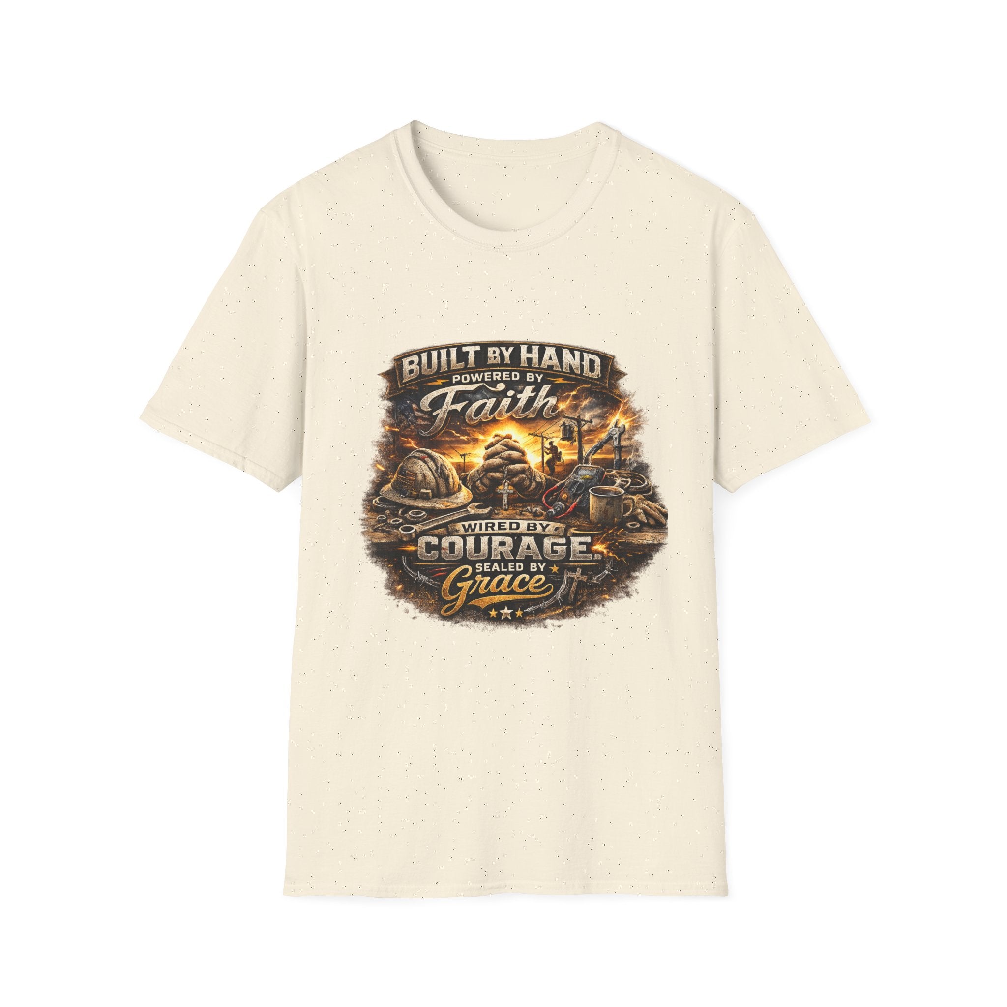 Built by Hand Mechanic T-Shirt – "Built by Hand, Powered by Faith, Home by Courage" Vintage Workshirt