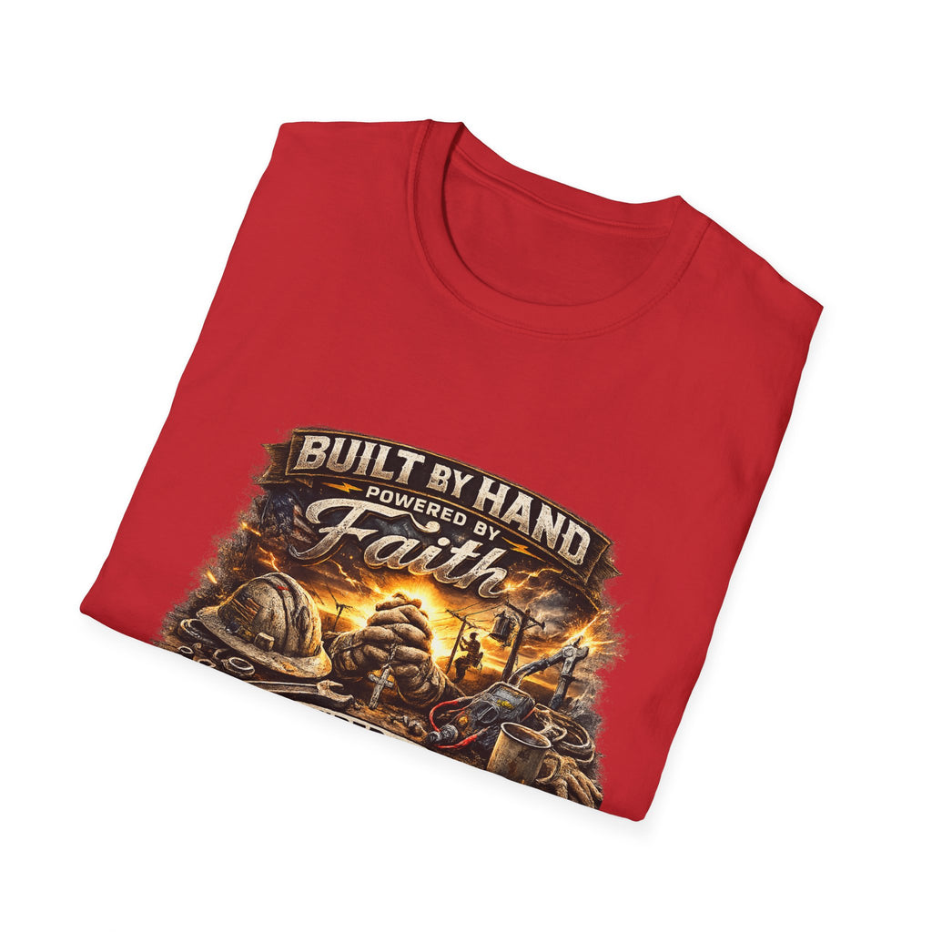 Built by Hand Mechanic T-Shirt – "Built by Hand, Powered by Faith, Home by Courage" Vintage Workshirt