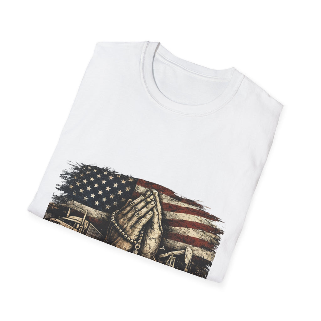 Patriotic Praying Hands T-Shirt — American Flag Faith Tee for Veterans & Church