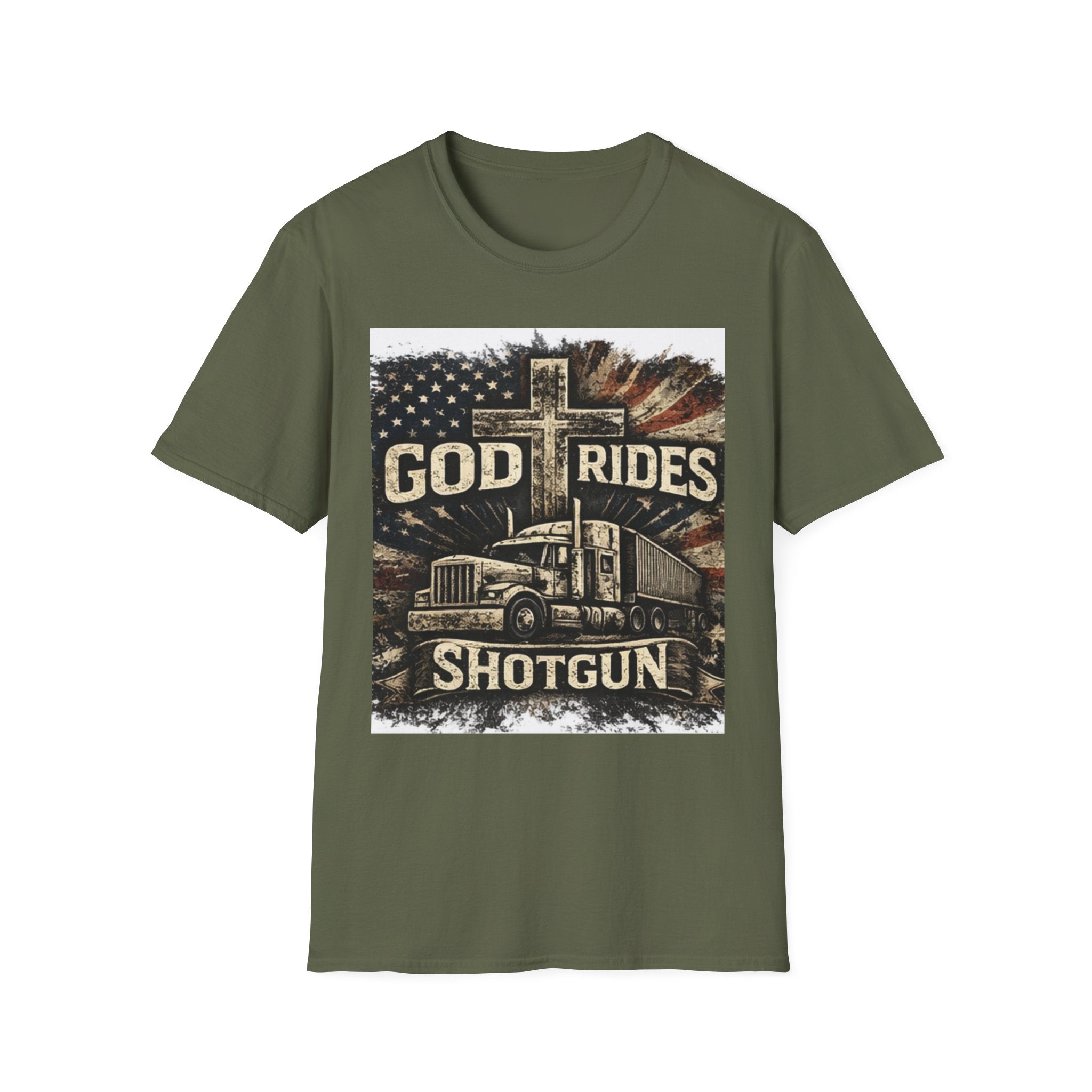 God Rides Shotgun Trucker T-Shirt — Christian Trucker Patriotic Tee