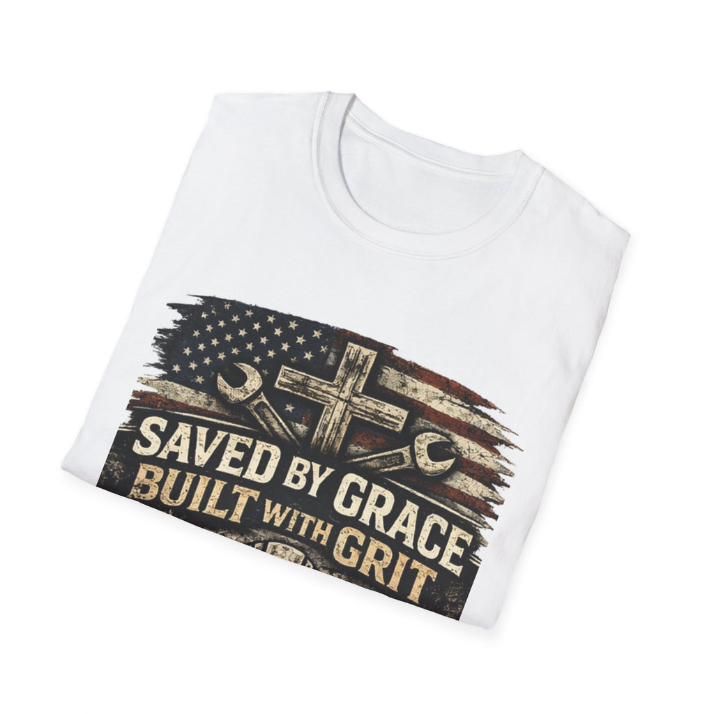 Saved by Grace Built with Grit T-Shirt — Christian Construction Worker Tee