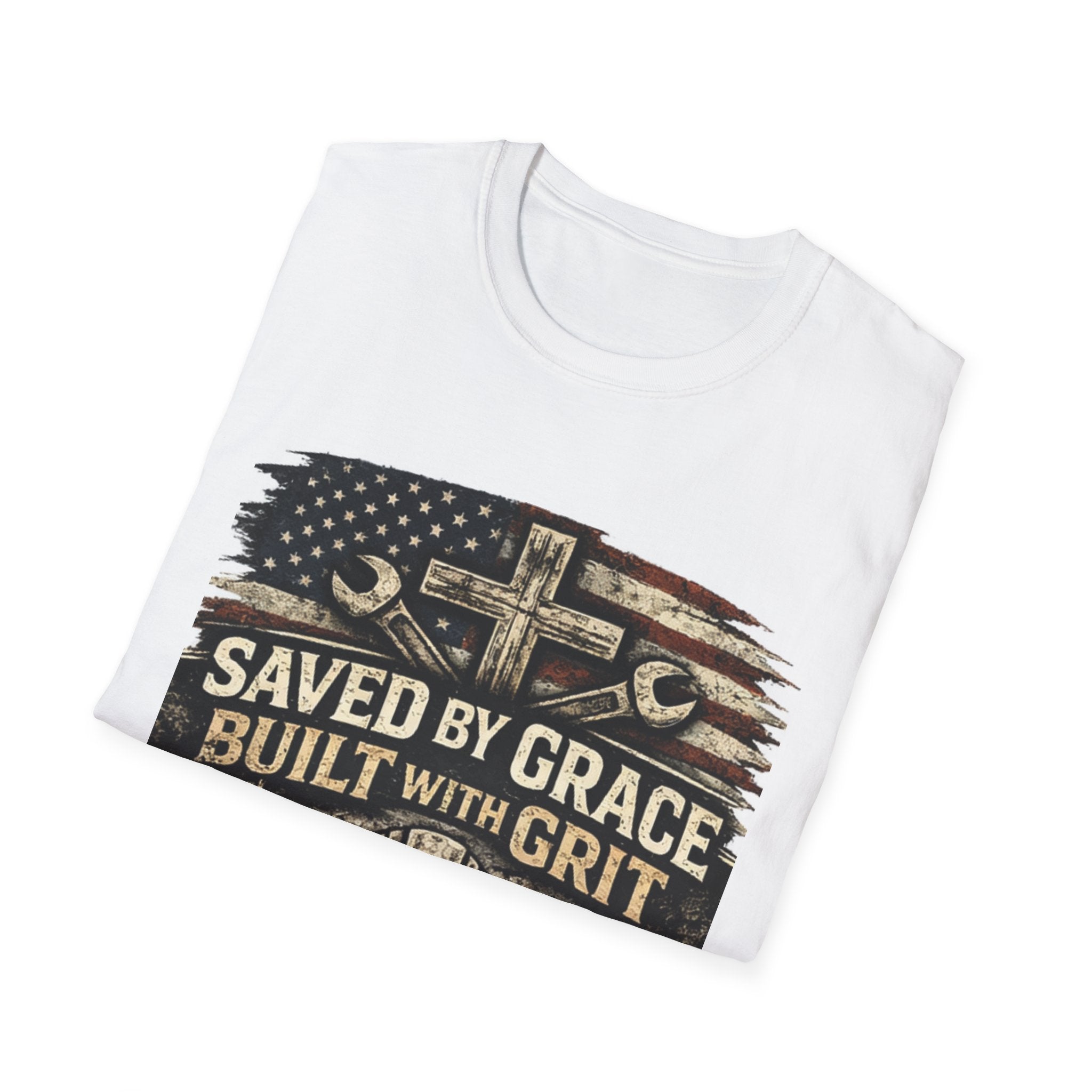 Saved by Grace Built with Grit T-Shirt — Christian Construction Worker Tee