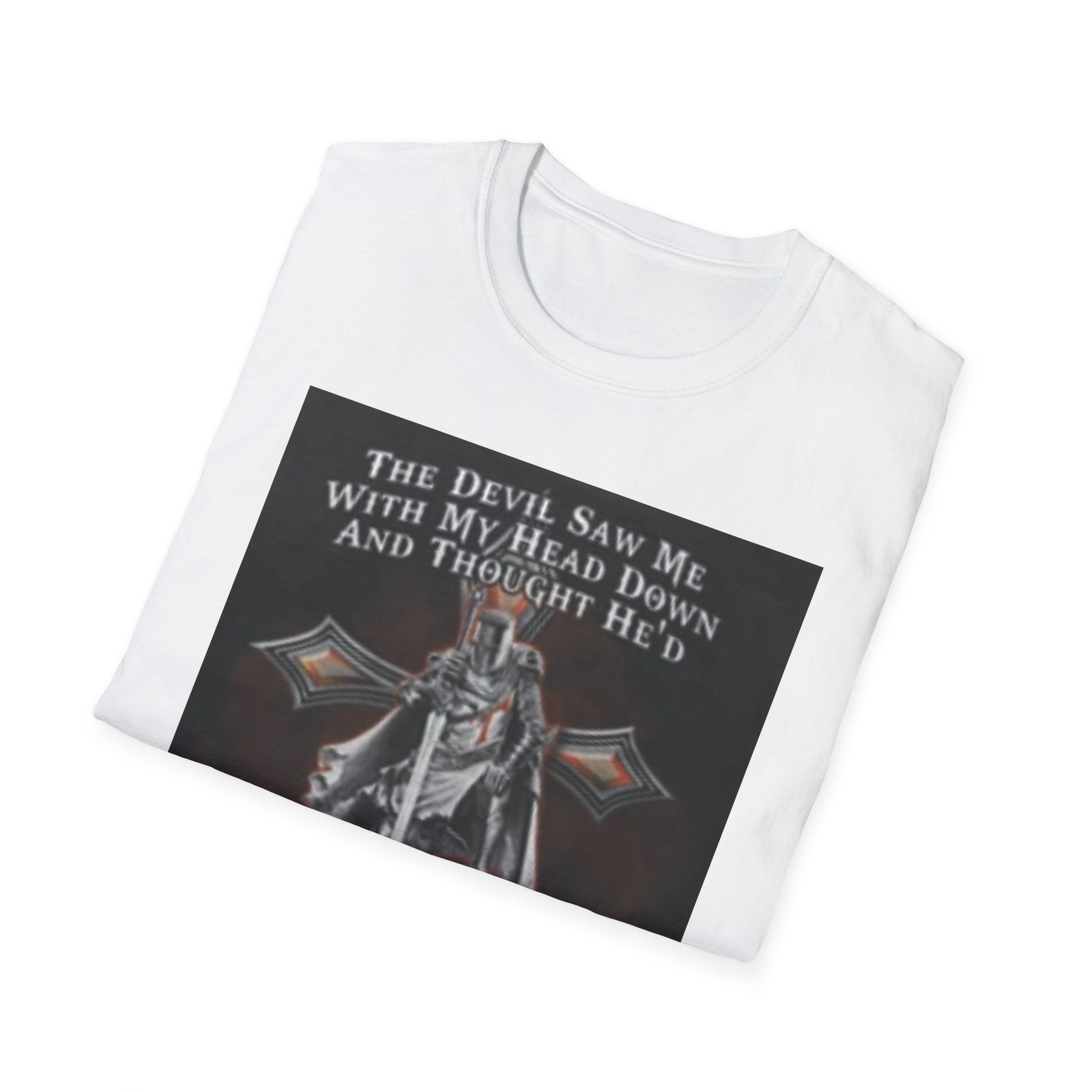 Christian Knight T‑Shirt — “The Devil Saw Me…” Faith Warrior Amen Tee