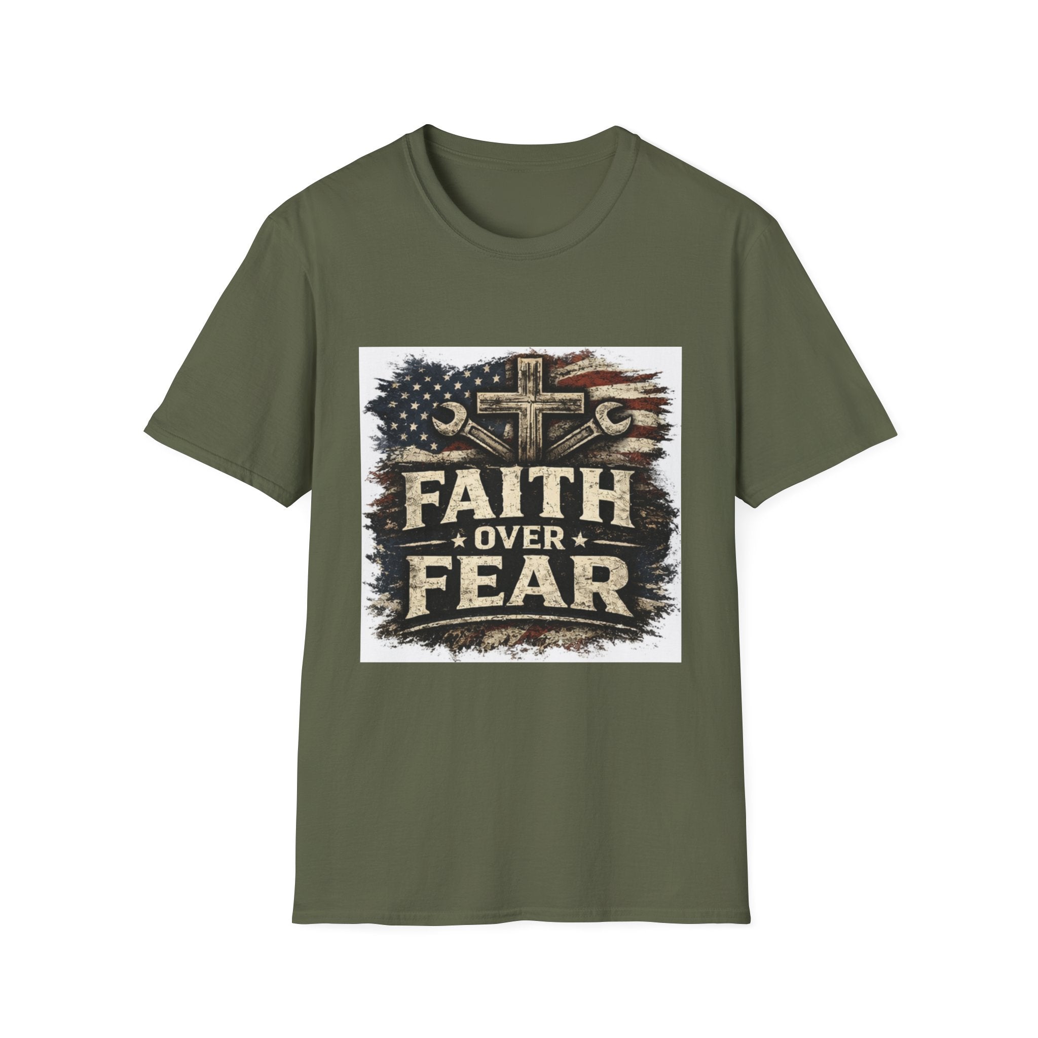 Faith Over Fear T-Shirt — Christian Cross & American Flag Graphic