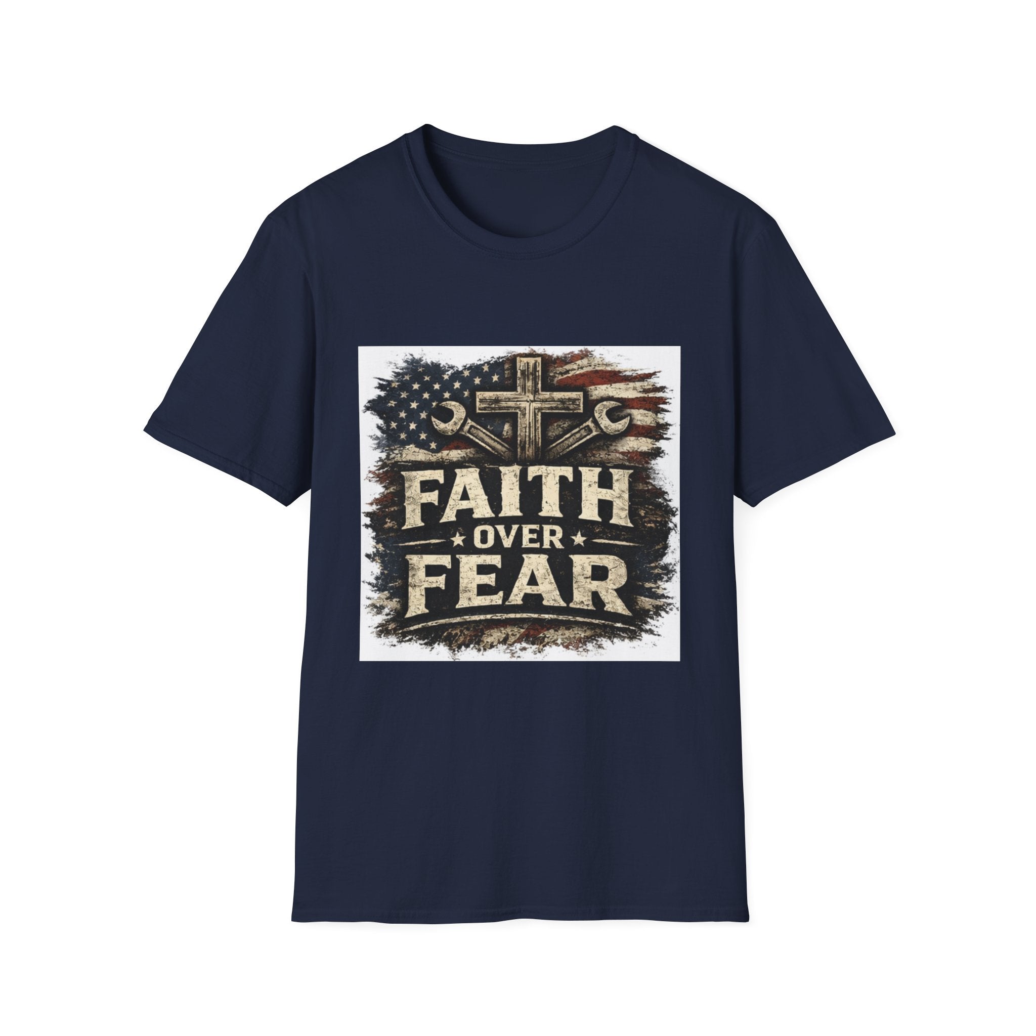 Faith Over Fear T-Shirt — Christian Cross & American Flag Graphic