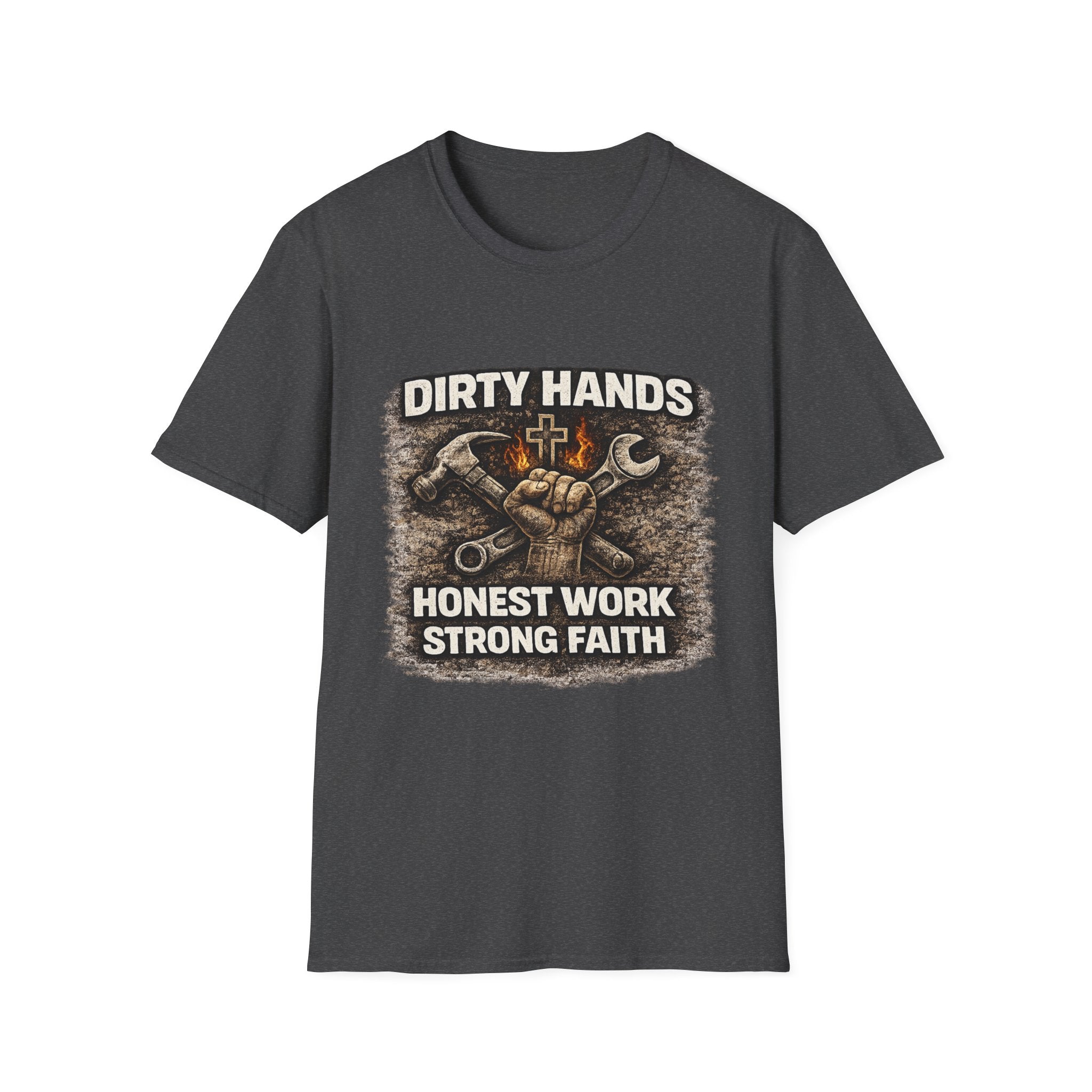 Dirty Hands T-Shirt — "Dirty Hands Honest Work Strong Faith" Mechanic Christian Tee