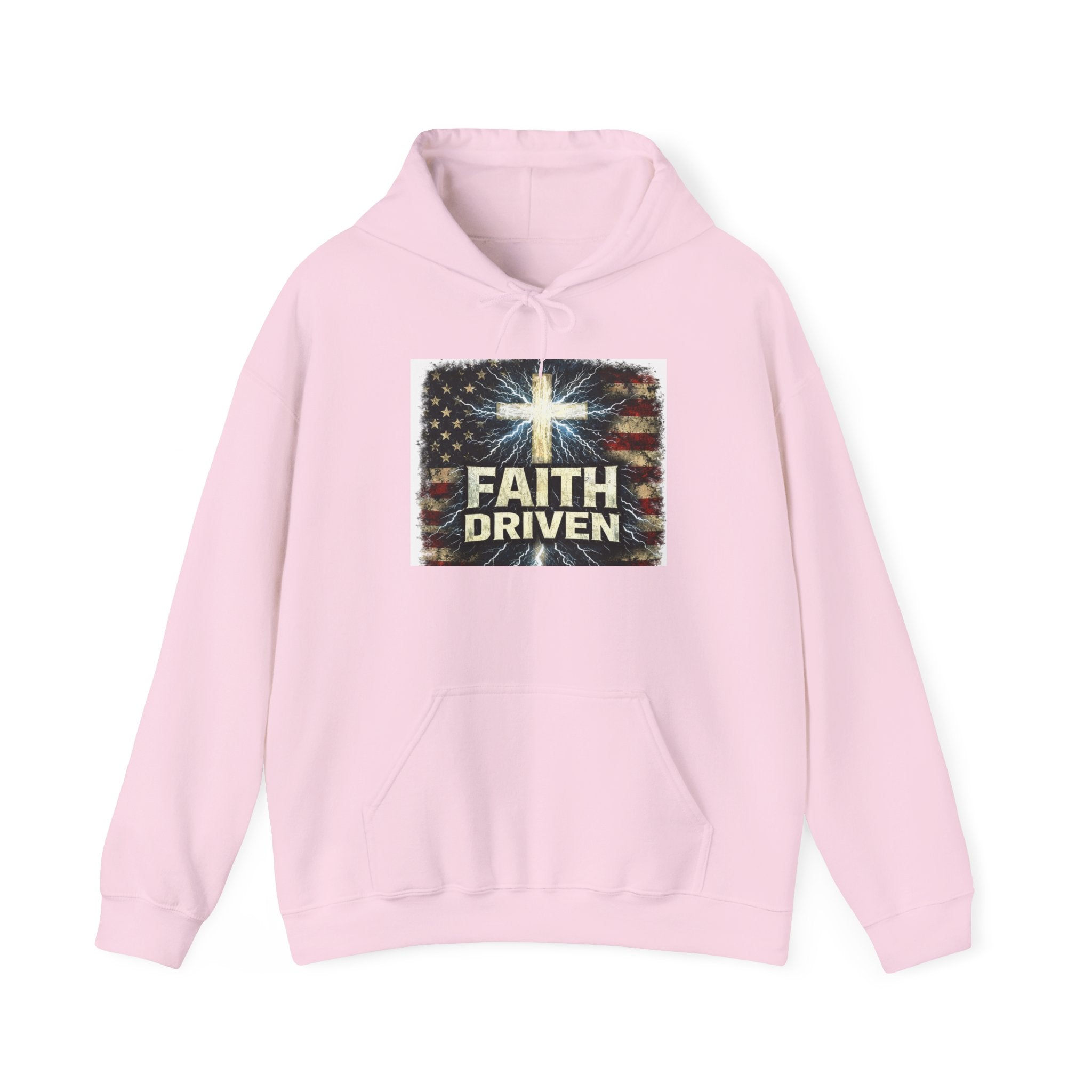 Faith Driven Hoodie — Christian Cross & American Flag Pullover