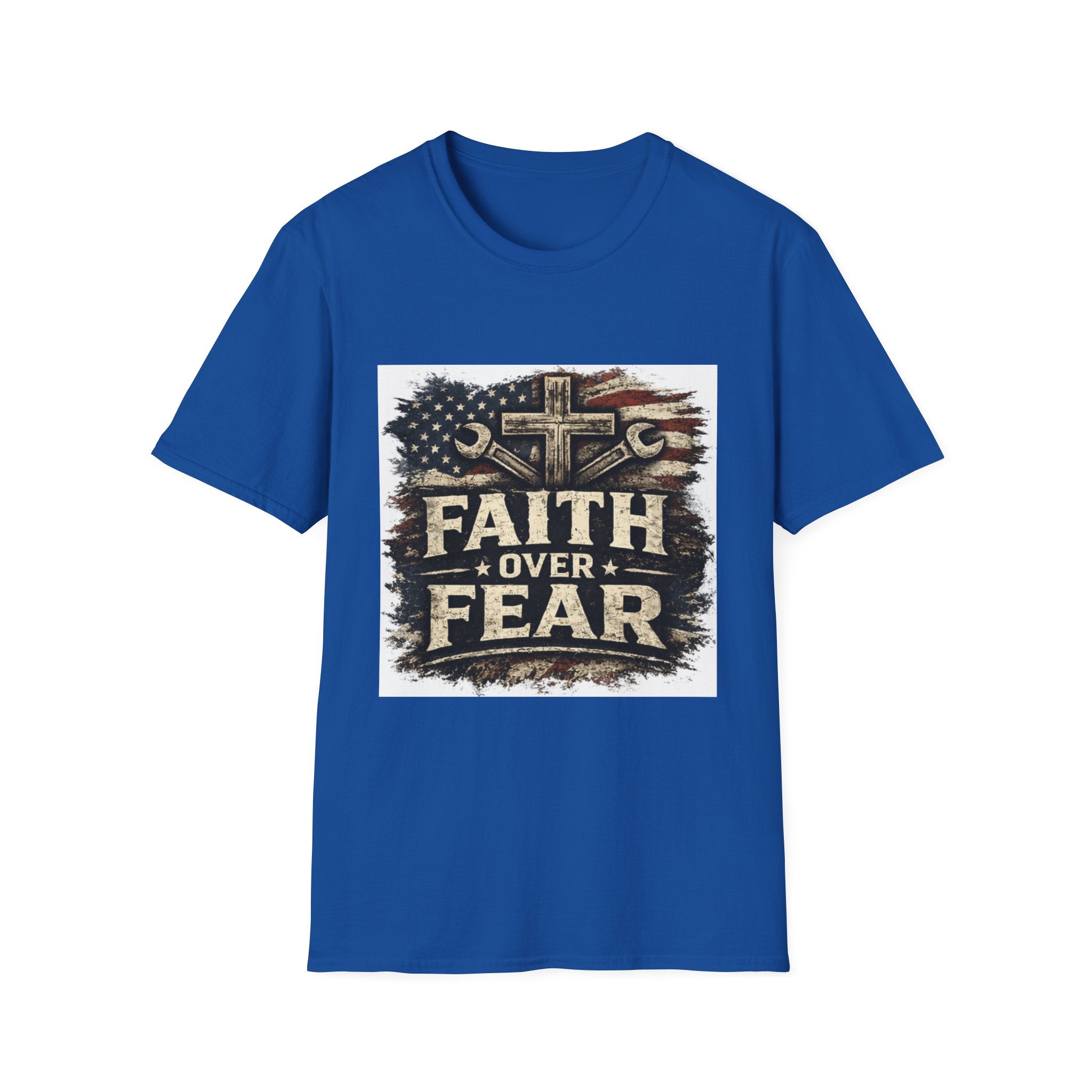 Faith Over Fear T-Shirt — Christian Cross & American Flag Graphic