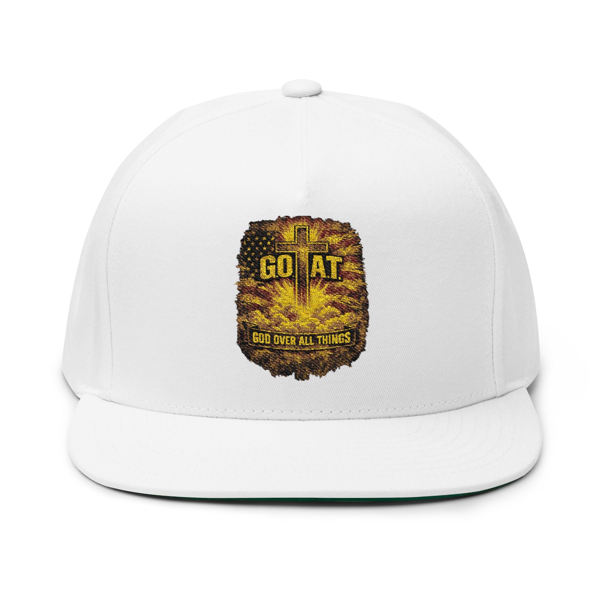 GOAT Embroidered Flat Bill Cap — Vintage Gold Trophy Patch Snapback