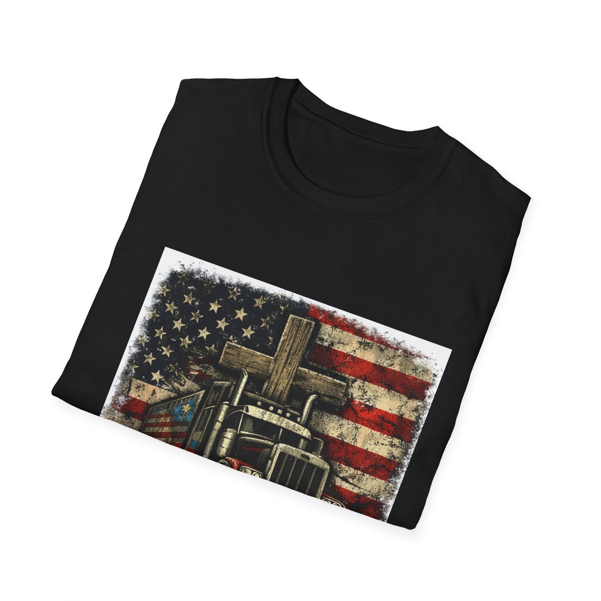 Faith Driven Trucker T-Shirt — American Flag Cross Design