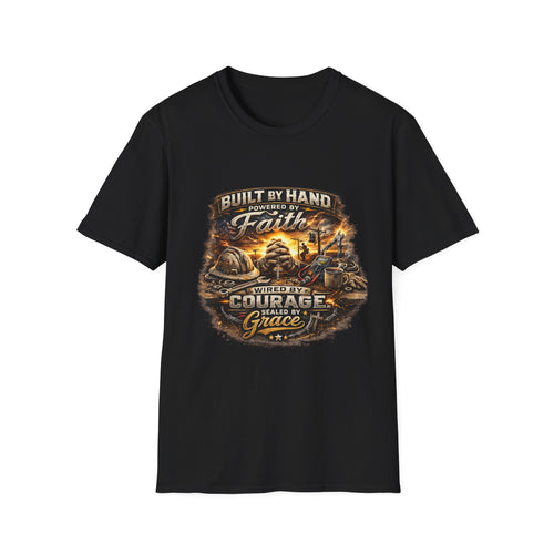 Built by Hand Mechanic T-Shirt – "Built by Hand, Powered by Faith, Home by Courage" Vintage Workshirt