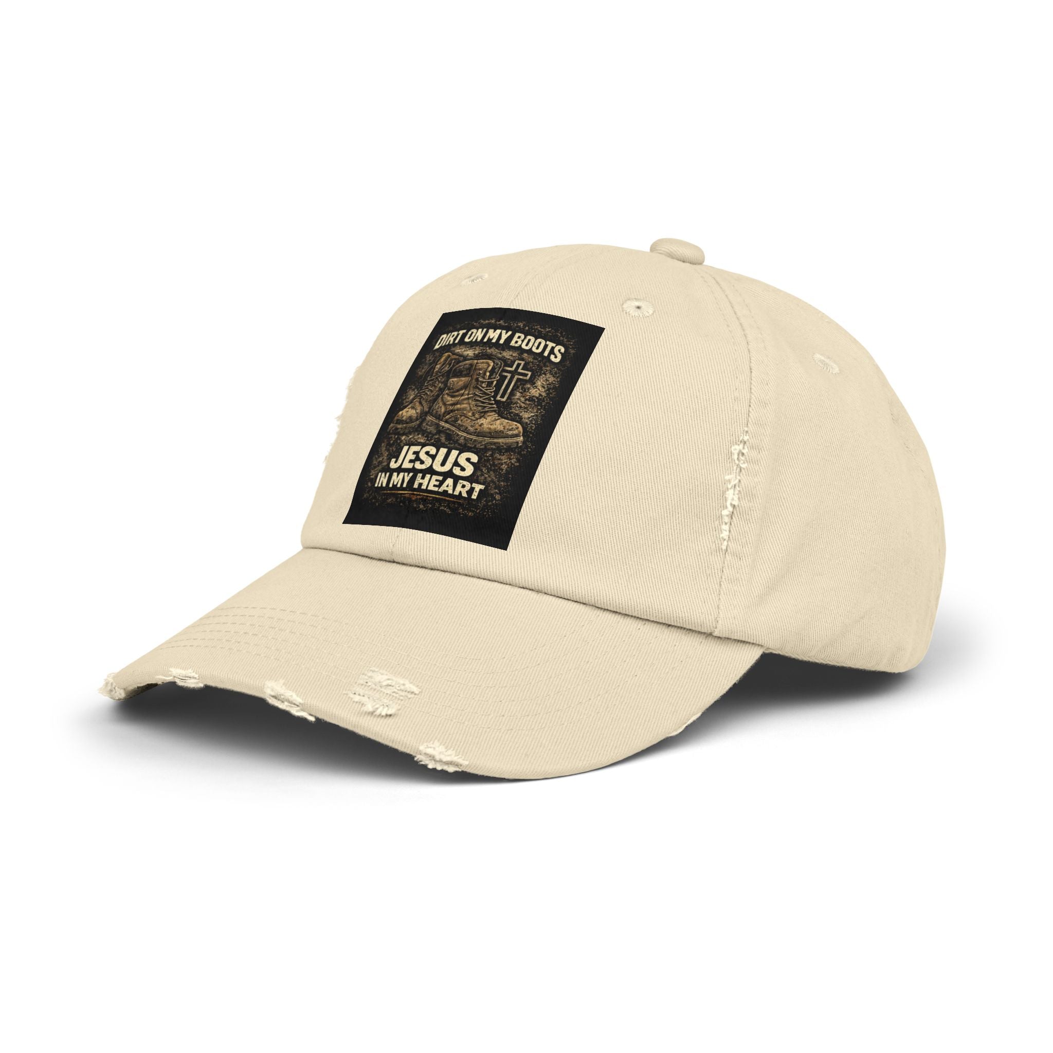Distressed Baseball Cap — "Dirt on My Boots, Jesus in My Heart" Christian Hat