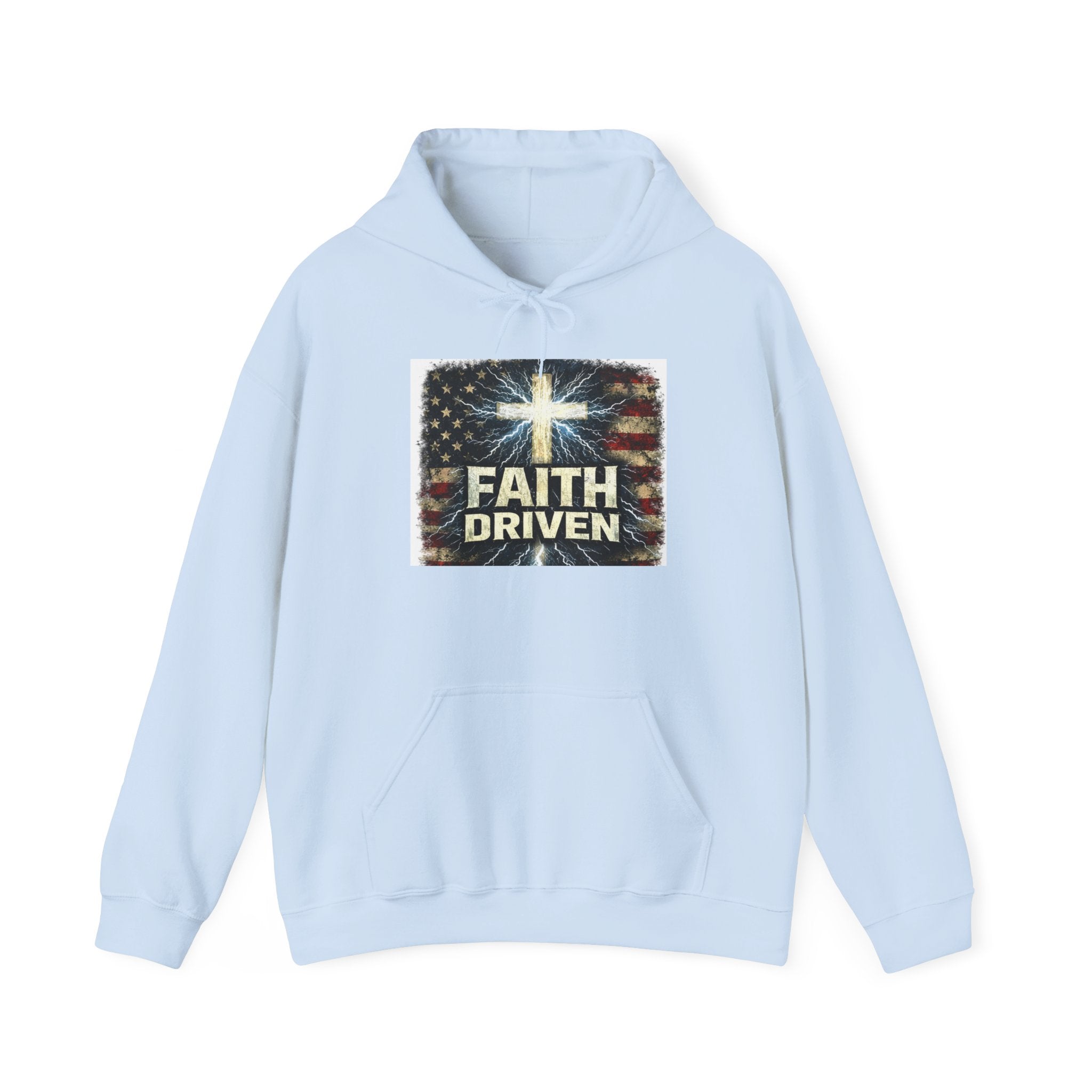 Faith Driven Hoodie — Christian Cross & American Flag Pullover