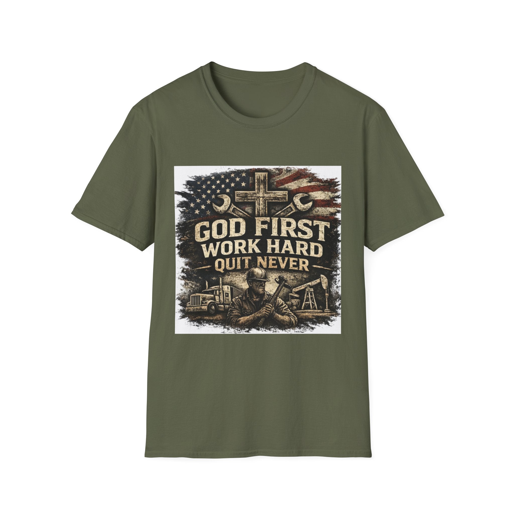God First Work Hard Quit Never T-Shirt — Faith & Blue-Collar Motivational Tee