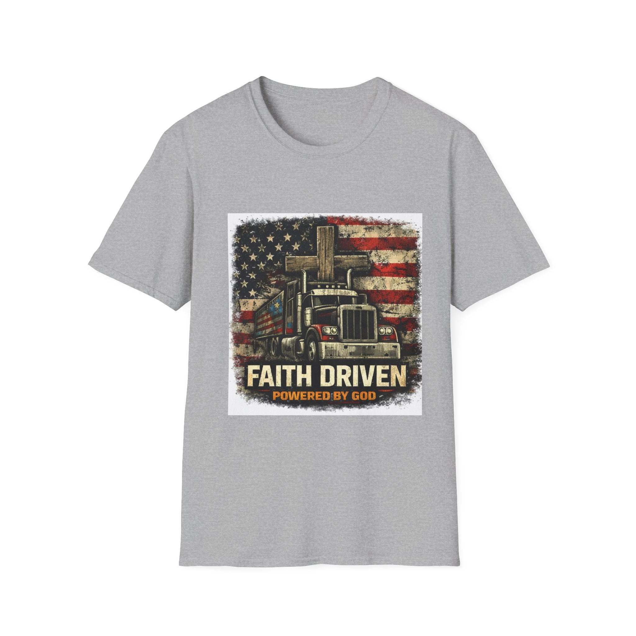 Faith Driven Trucker T-Shirt — American Flag Cross Design
