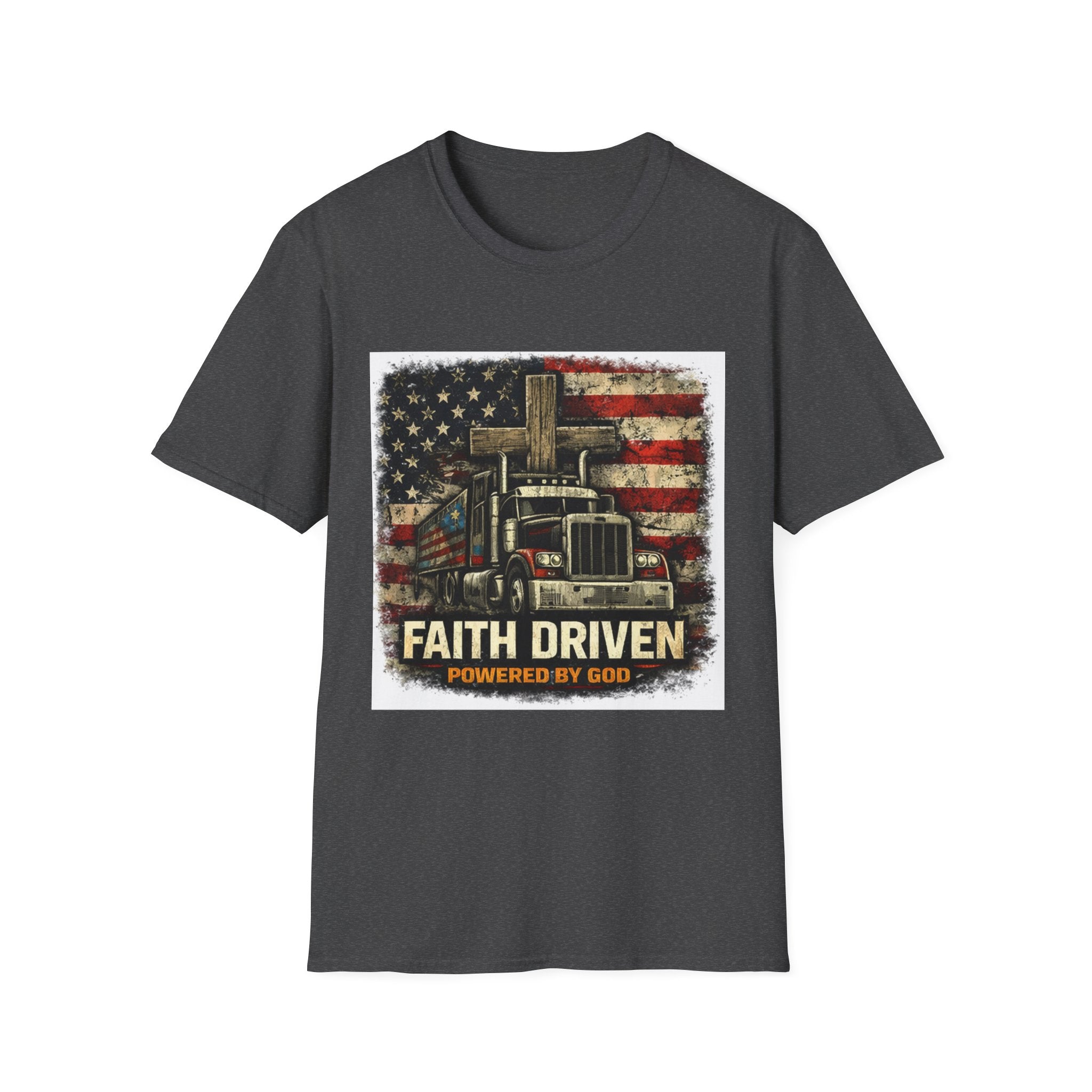 Faith Driven Trucker T-Shirt — "Powered by God" American Flag Design
