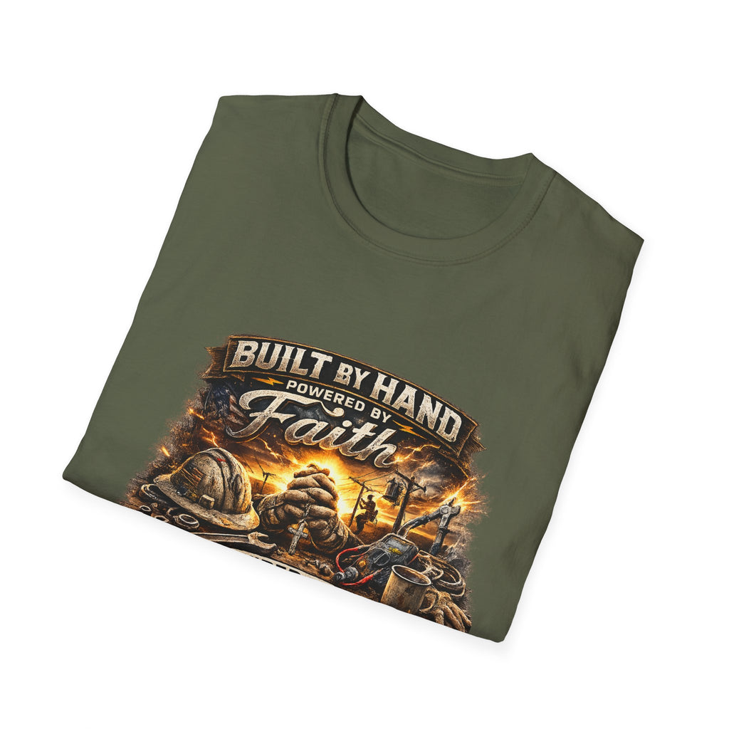 Built by Hand Mechanic T-Shirt – "Built by Hand, Powered by Faith, Home by Courage" Vintage Workshirt