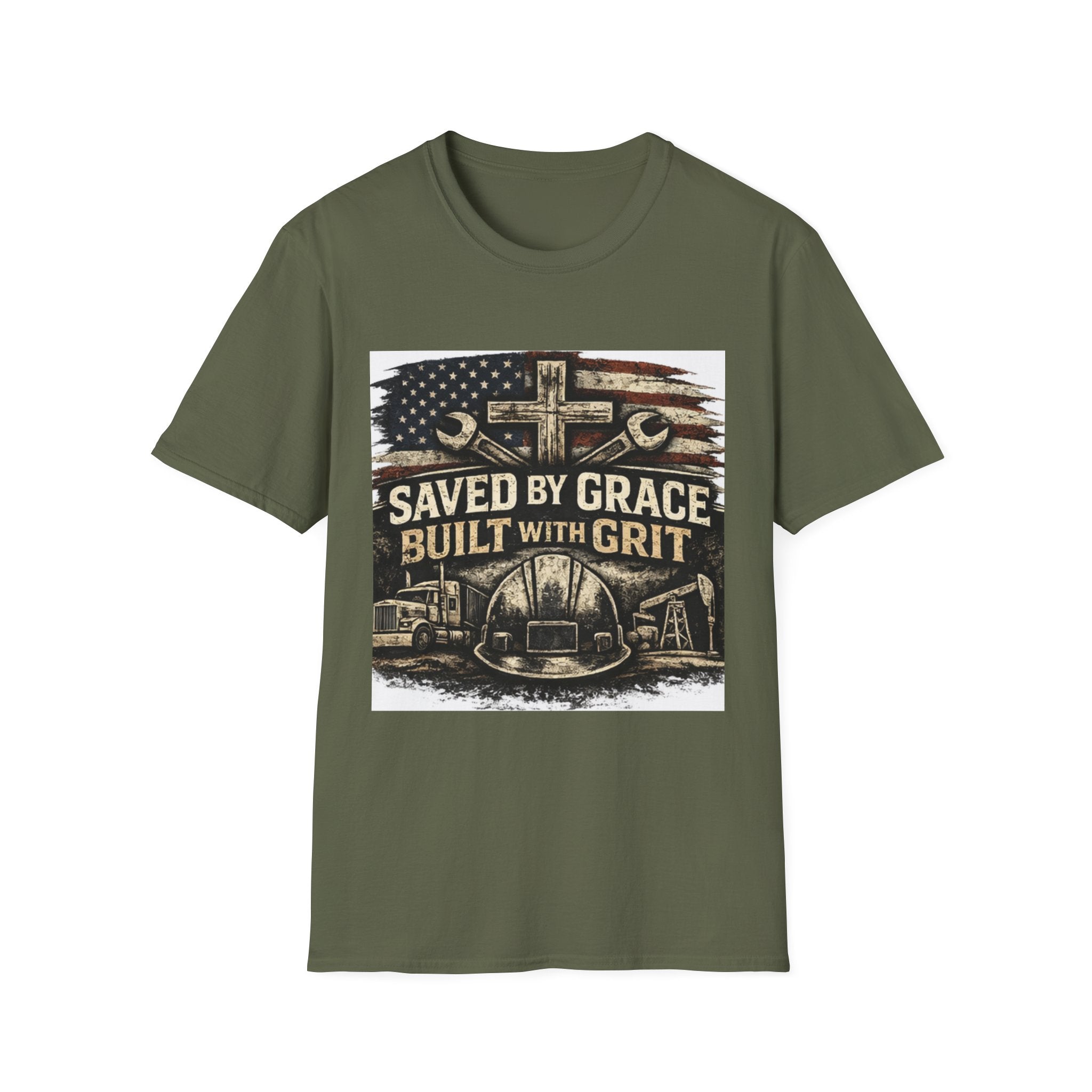 Saved by Grace Built with Grit T-Shirt — Christian Construction Worker Tee