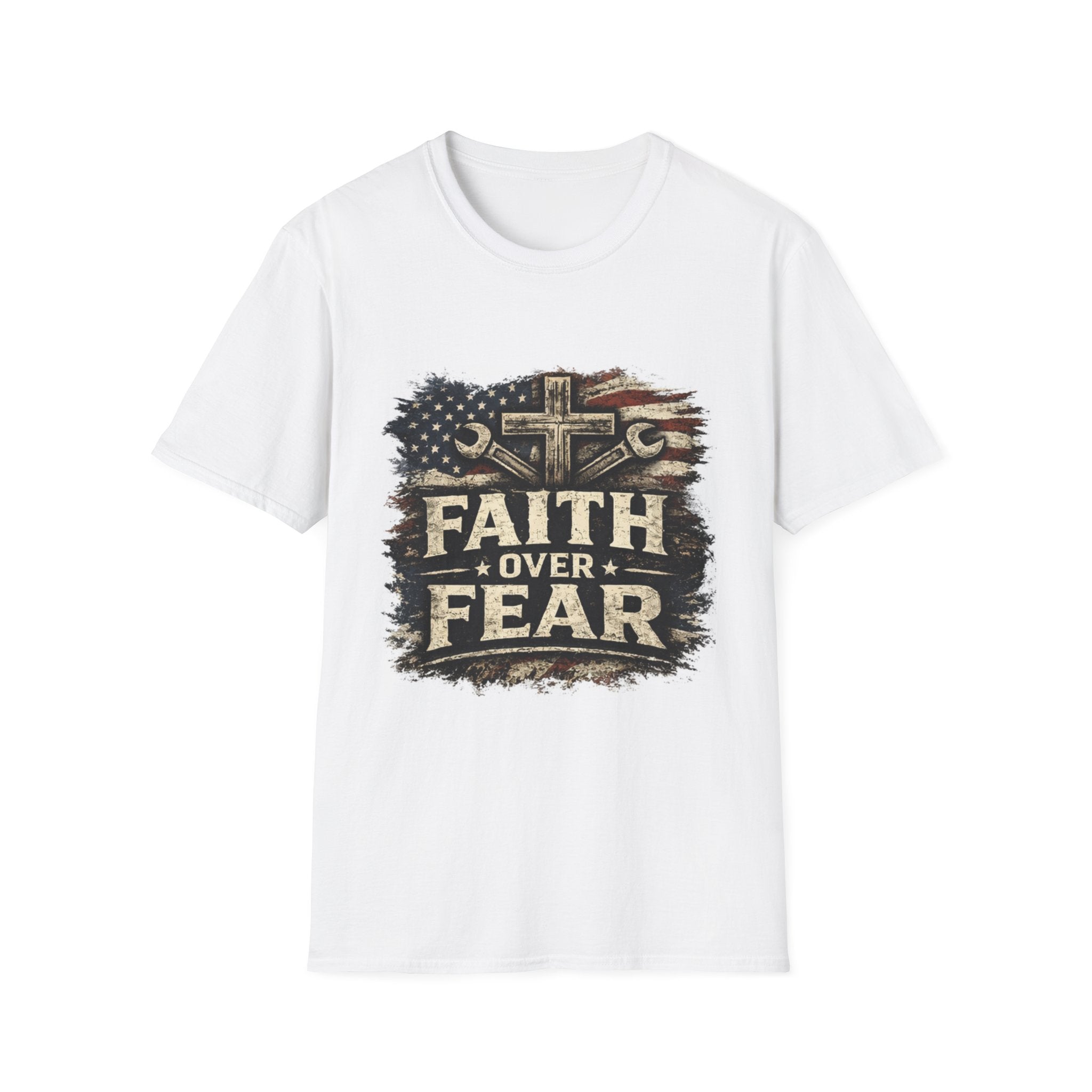 Faith Over Fear T-Shirt — Christian Cross & American Flag Graphic
