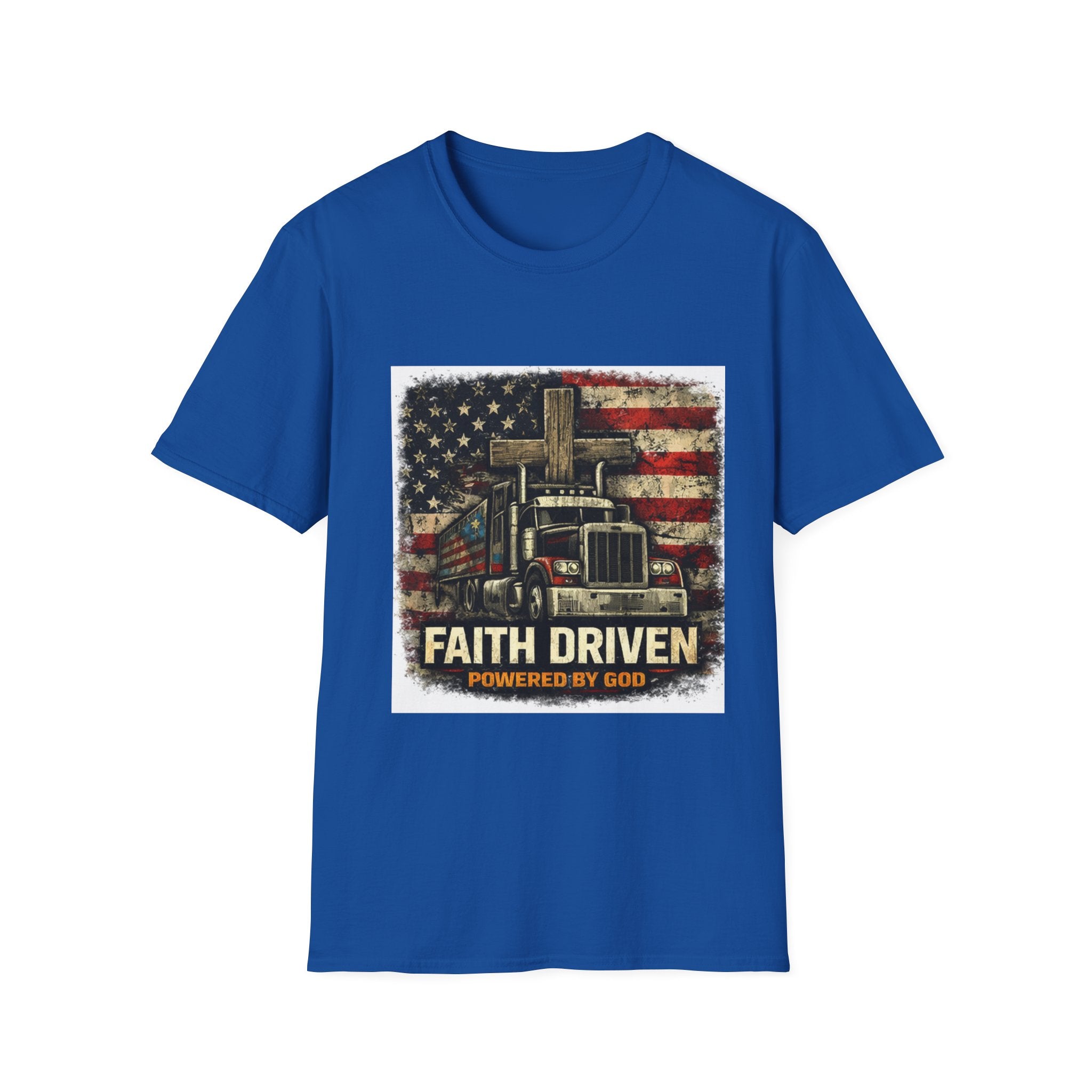 Faith Driven Trucker T-Shirt — American Flag Cross Design
