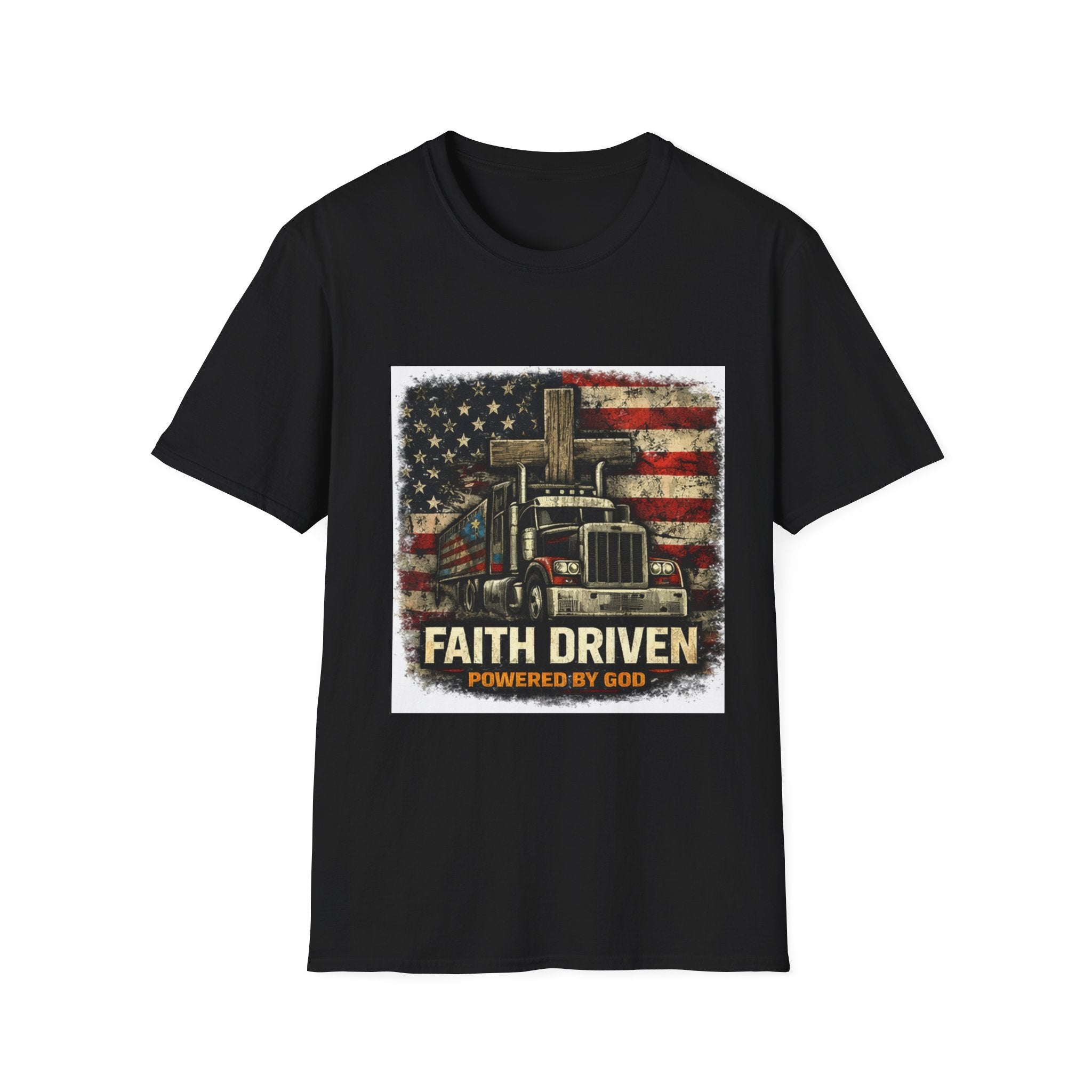 Faith Driven Trucker T-Shirt — American Flag Cross Design