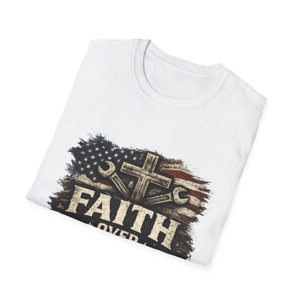 Faith Over Fear T-Shirt — Christian Cross & American Flag Graphic